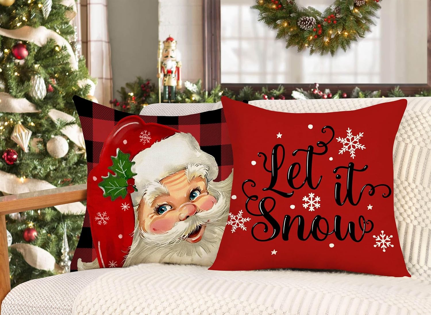 4TH Emotion Juego de 4 fundas de almohada navideñas de 18 x 18 pulgadas, decoración de Navidad de granja, diseño a cuadros rojos y negros, Papá