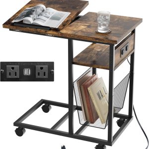 End Table C Shape with Charge Station, Tilting Top Side Table with Magazine Holder and Lockable Wheels, Easy Assembly for Living Room, Bedroom, End Table C Shape with Charge Station, Tilting Top Side Table with Magazine Holder and Lockable Wheels, Easy Assembly for Living Room, Bedroom,