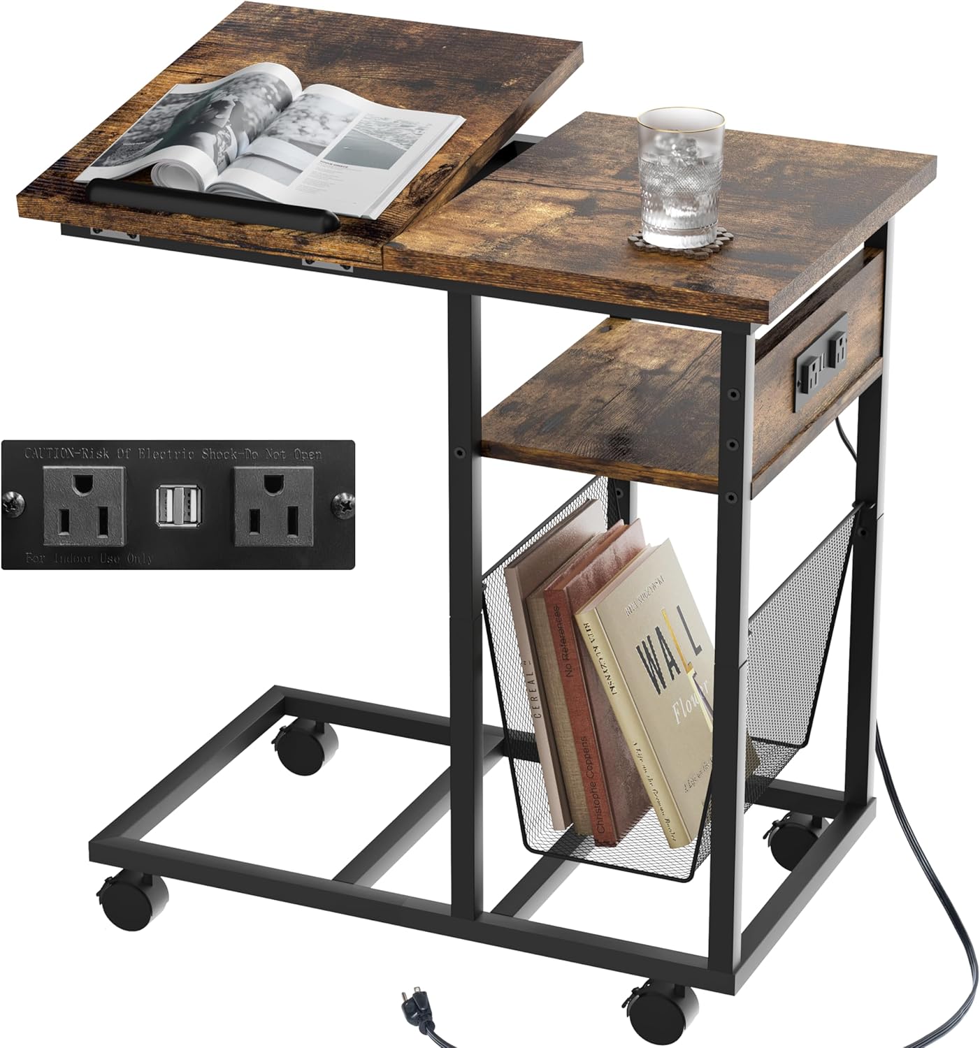 End Table C Shape with Charge Station, Tilting Top Side Table with Magazine Holder and Lockable Wheels, Easy Assembly for Living Room, Bedroom,