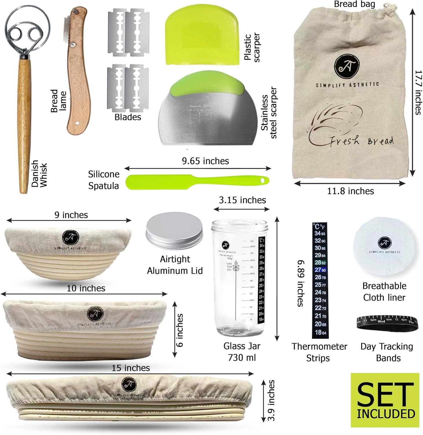 Cestas de pan a prueba de masa madre – Nuevo con kit de inicio de masa madre – Cesta a prueba de pan Banneton – Suministros completos para hornear