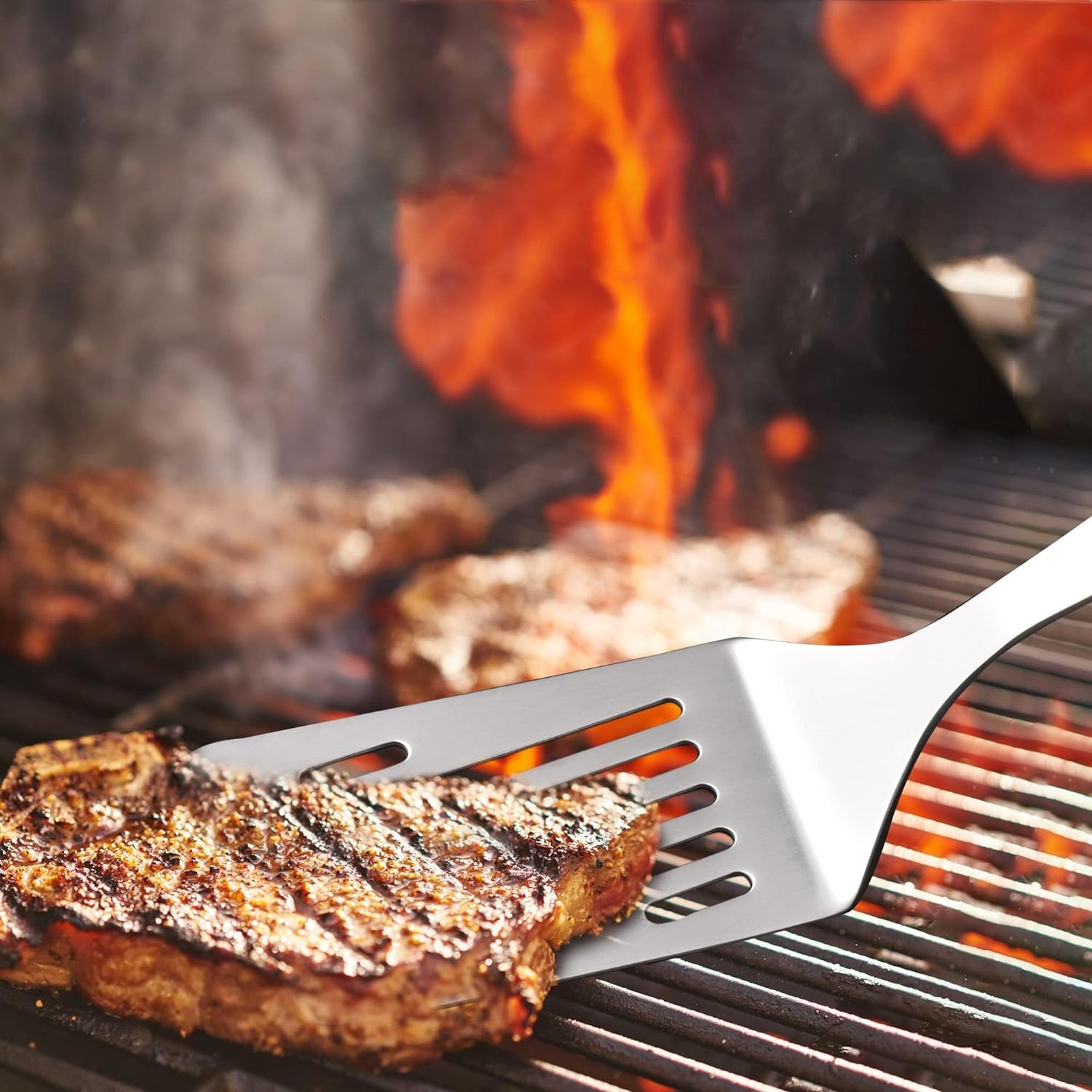 IMEEA Juego de espátulas de metal SUS304 – Espátula de parrilla de acero inoxidable con ranura para hamburguesa con parte superior plana para