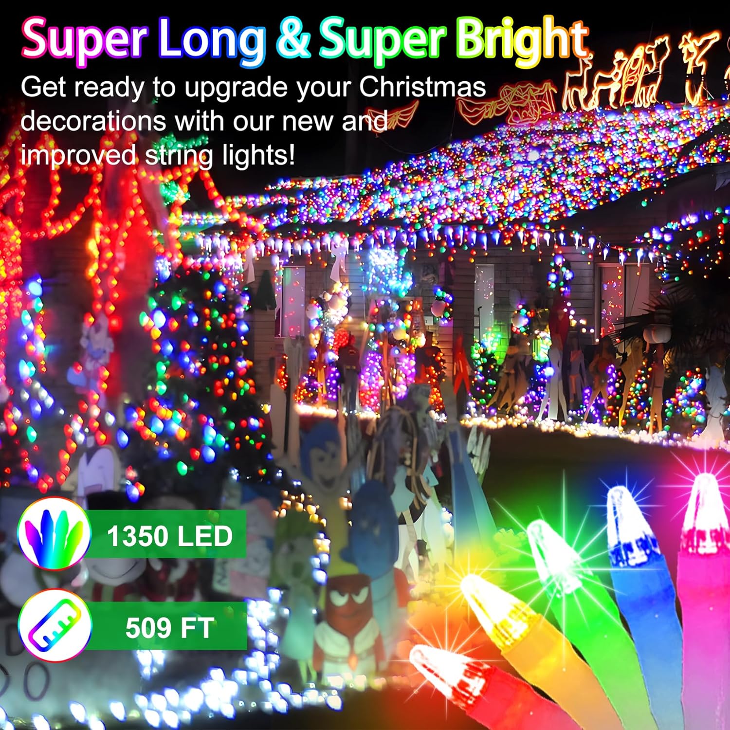 Luces de Navidad de 509 pies para exteriores, 1350 luces LED para decoración de árbol de Navidad con 8 modos y memoria de temporizador, cable