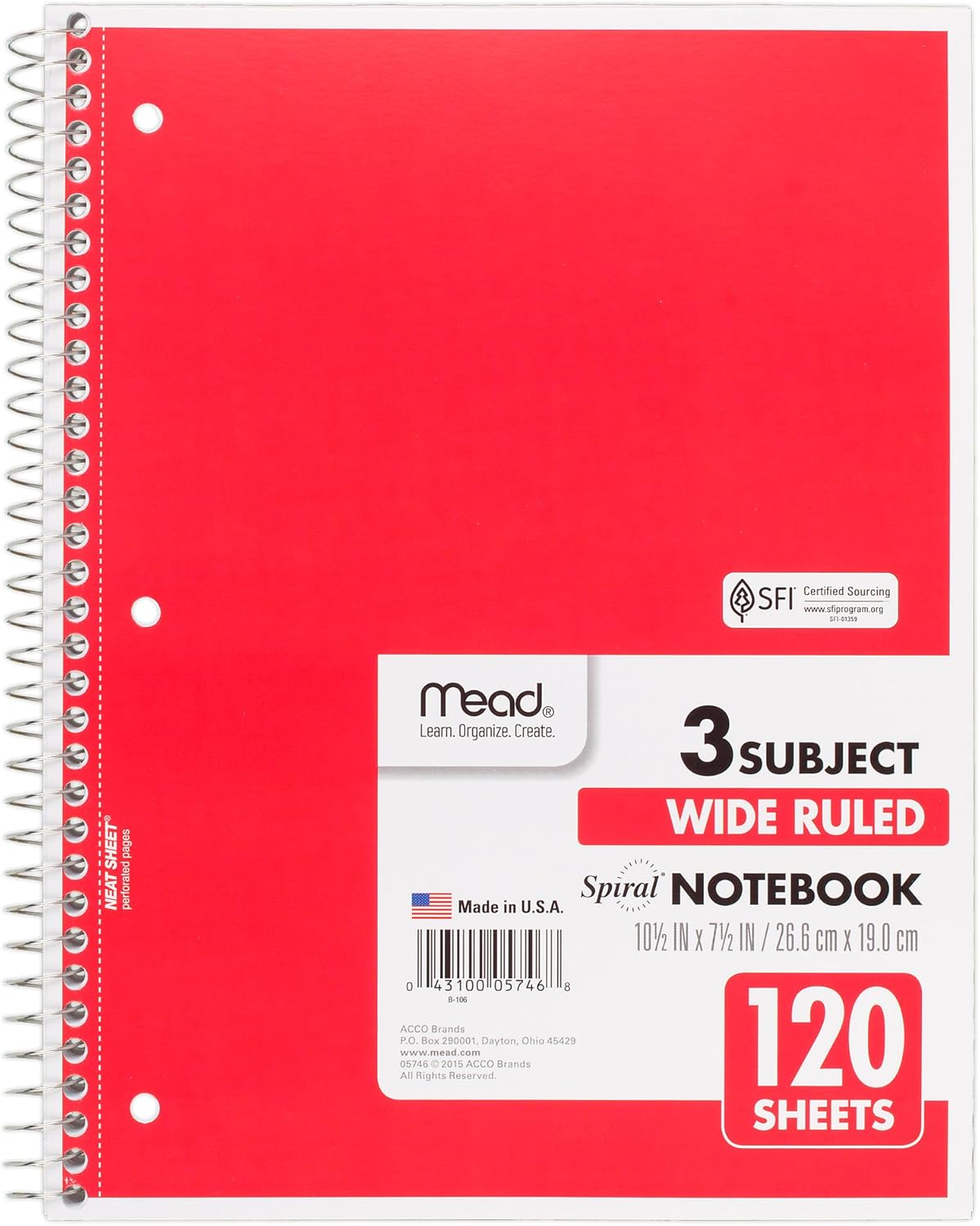 Mead 75698 Cuaderno de espiral, rayas anchas, 3 materias, 120 hojas, 10.5 x 8 pulgadas, colores surtidos, paquete de 6