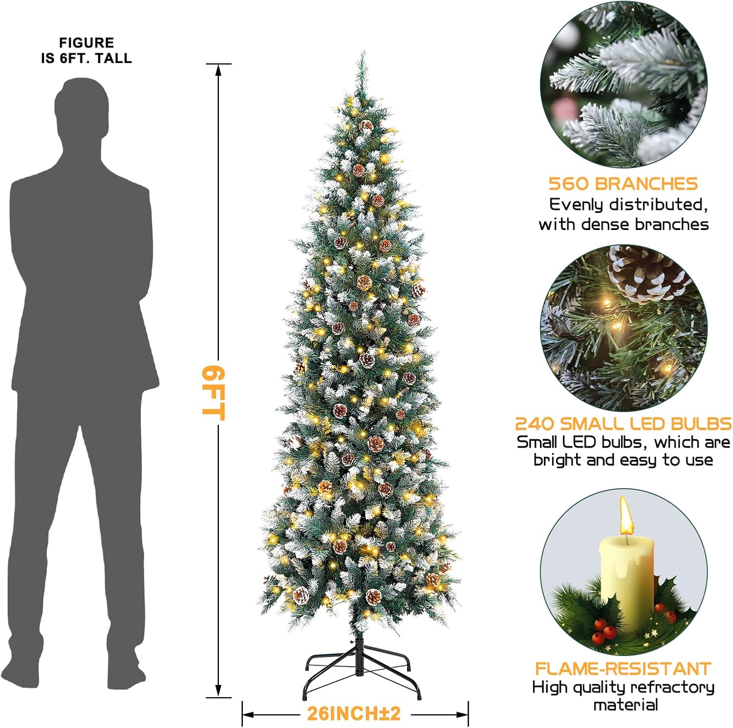Árbol de Navidad delgado preiluminado de 6 pies, árbol de Navidad artificial con luces blancas cálidas, árbol de Navidad delgado de copo de nieve