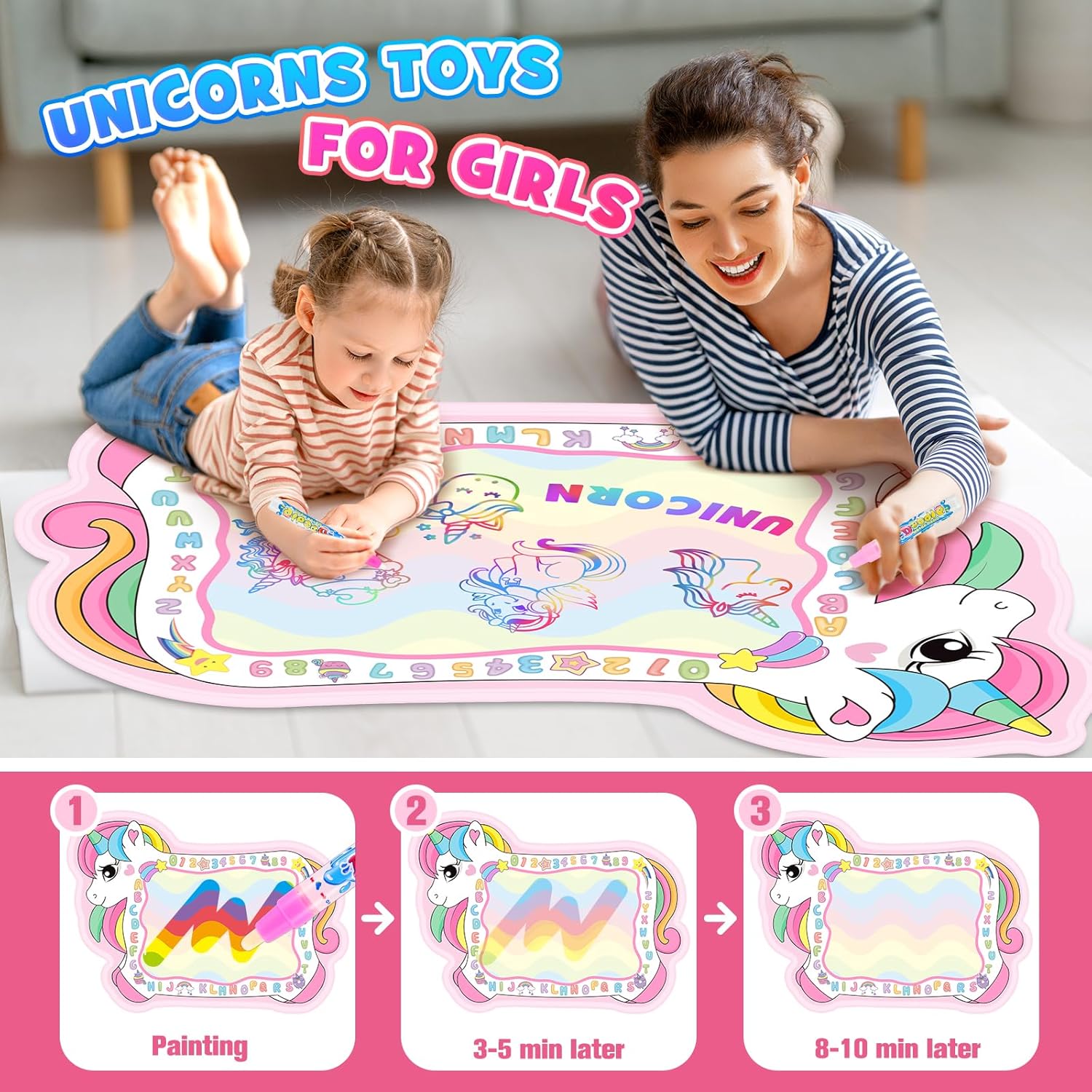 Regalos de unicornios para niñas, juguetes para niños pequeños de 3, 4 y 5 años, para niños y niñas, tapete para garabatos de agua de unicornio,