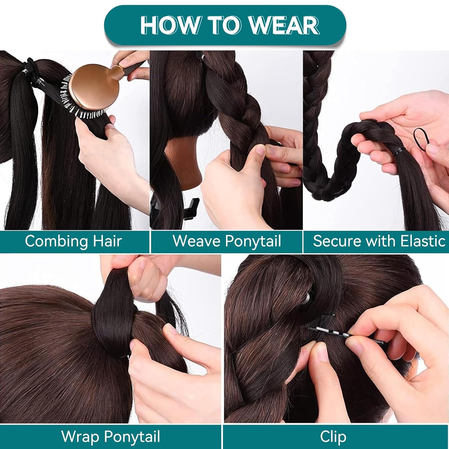 EMMOR Extensión de cola de caballo larga trenzada con cabello lacio envolvente, extensiones de cabello sintético suave y saludable para mujeres y