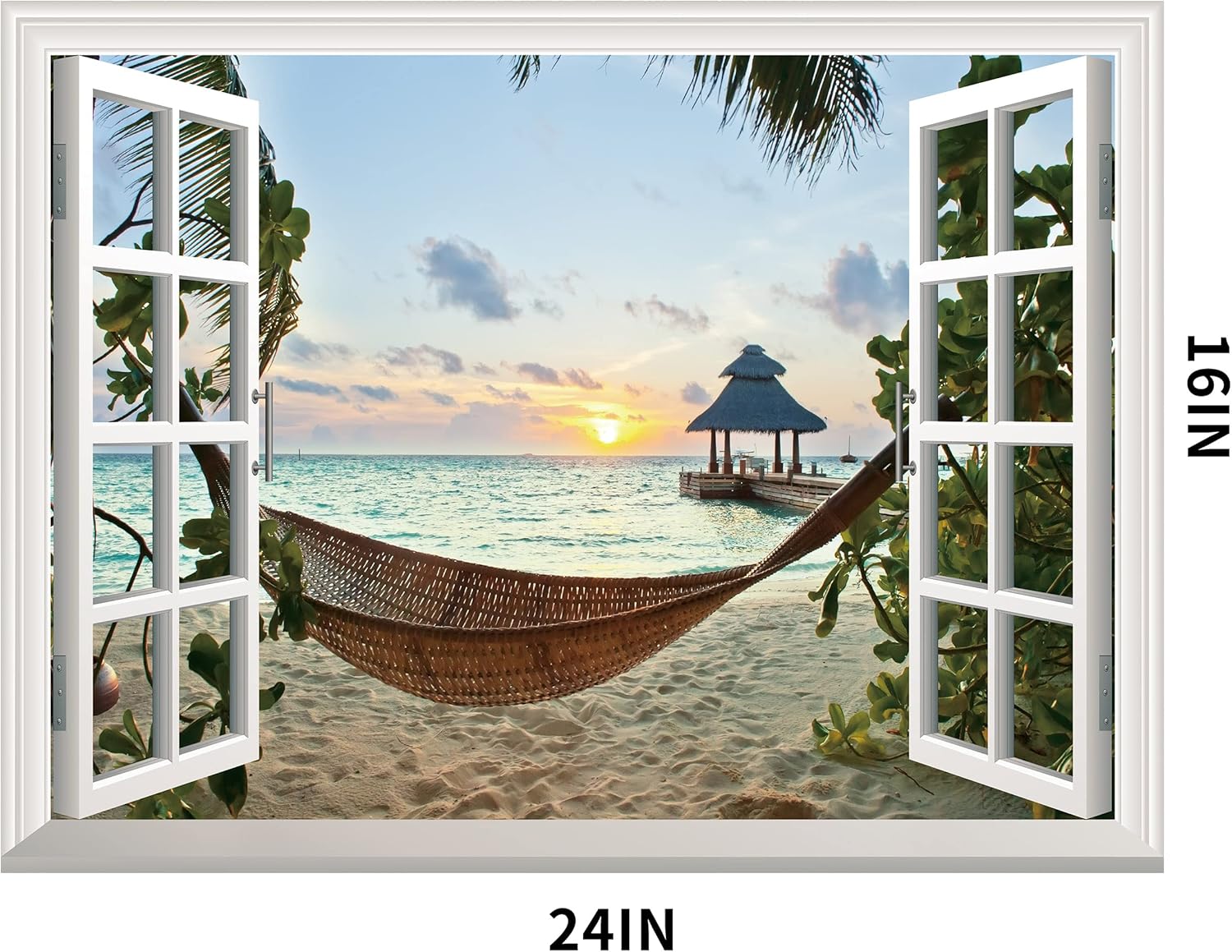 FLFK Adhesivo de pared falso para ventana, mural de pared para ventana de playa y puesta de sol para decoración de pared, calcomanías de pared para