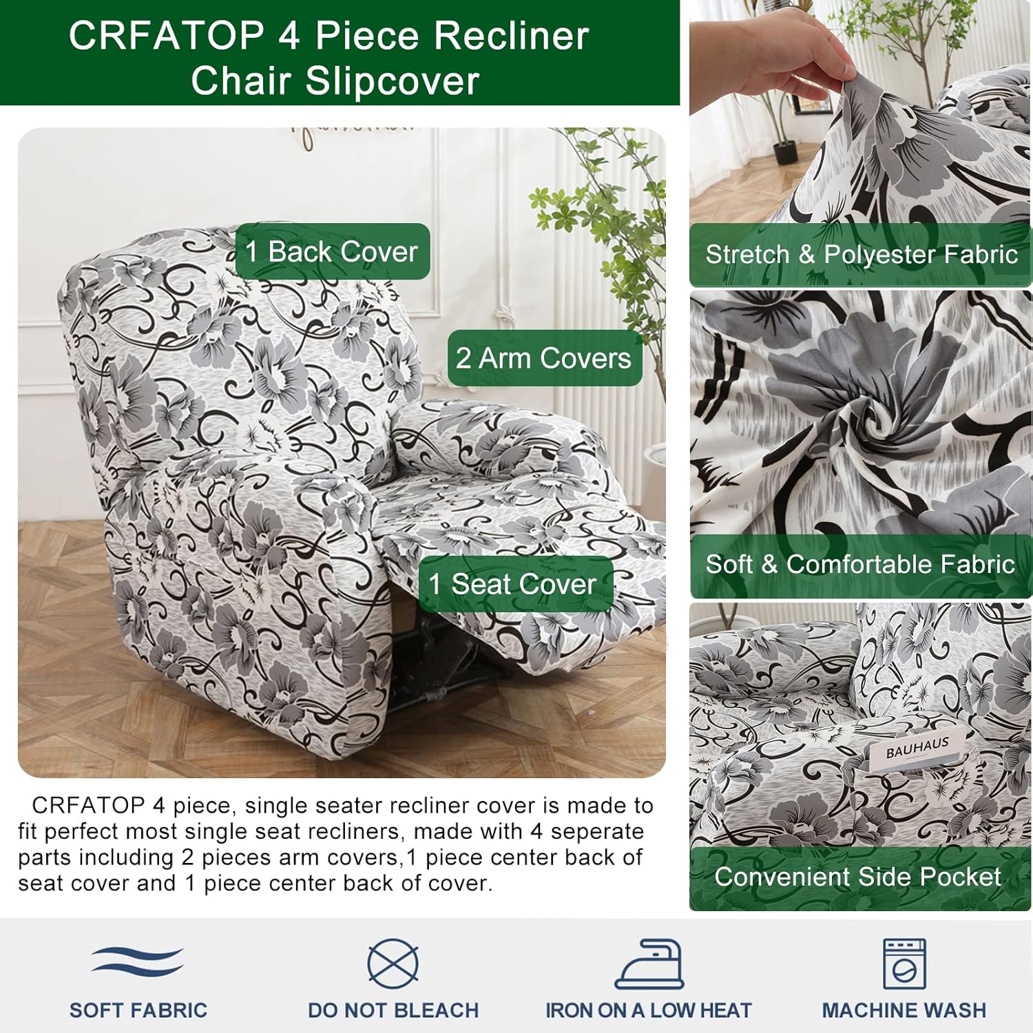 CRFATOP Funda elástica para sillón reclinable con bolsillos, estampado floral, funda reclinable individual de 4 piezas, funda para sofá reclinable