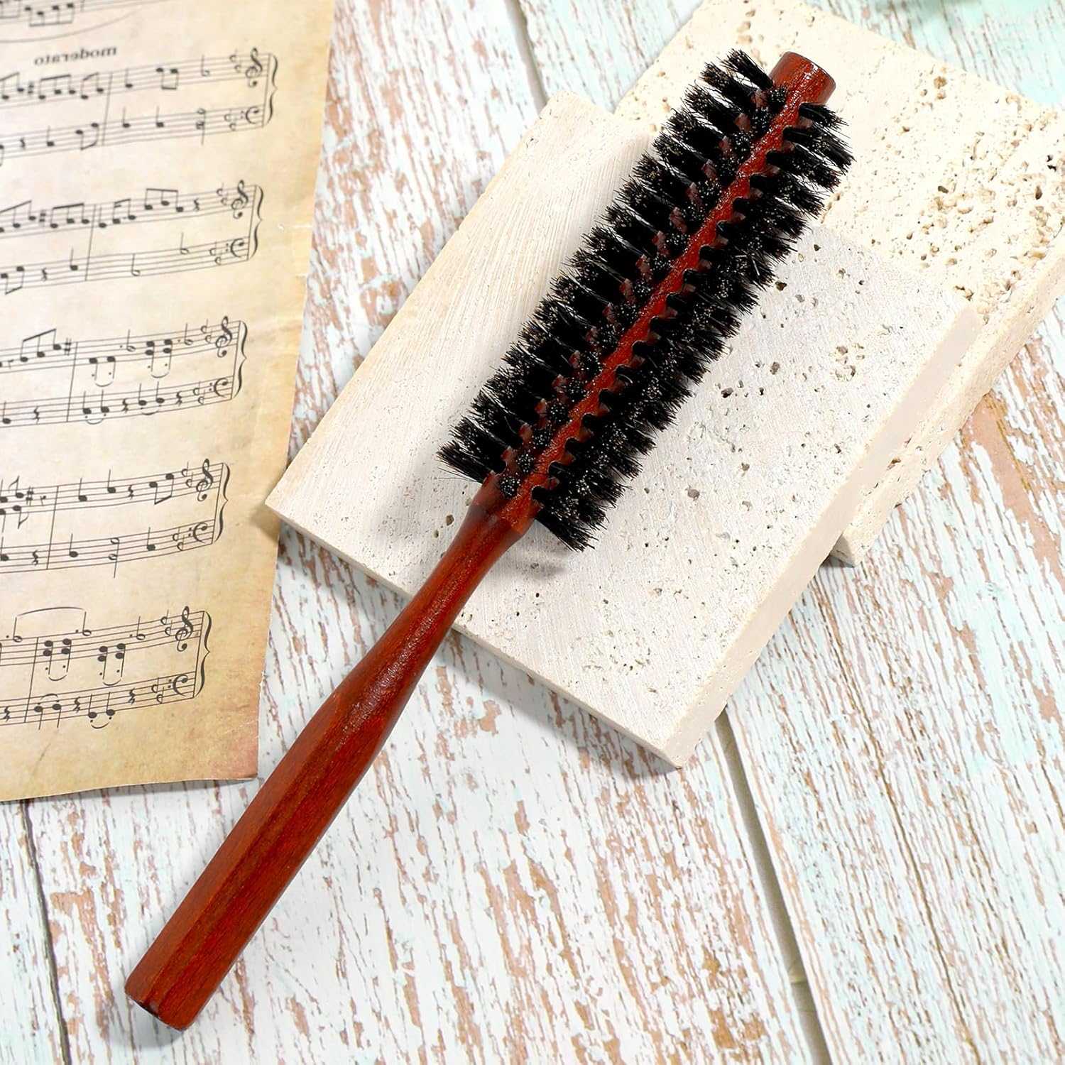 Cepillo de pelo redondo pequeño para cabello fino o corto, cepillo de pelo de cerdas de jabalí natural con mango de madera, mini cepillo