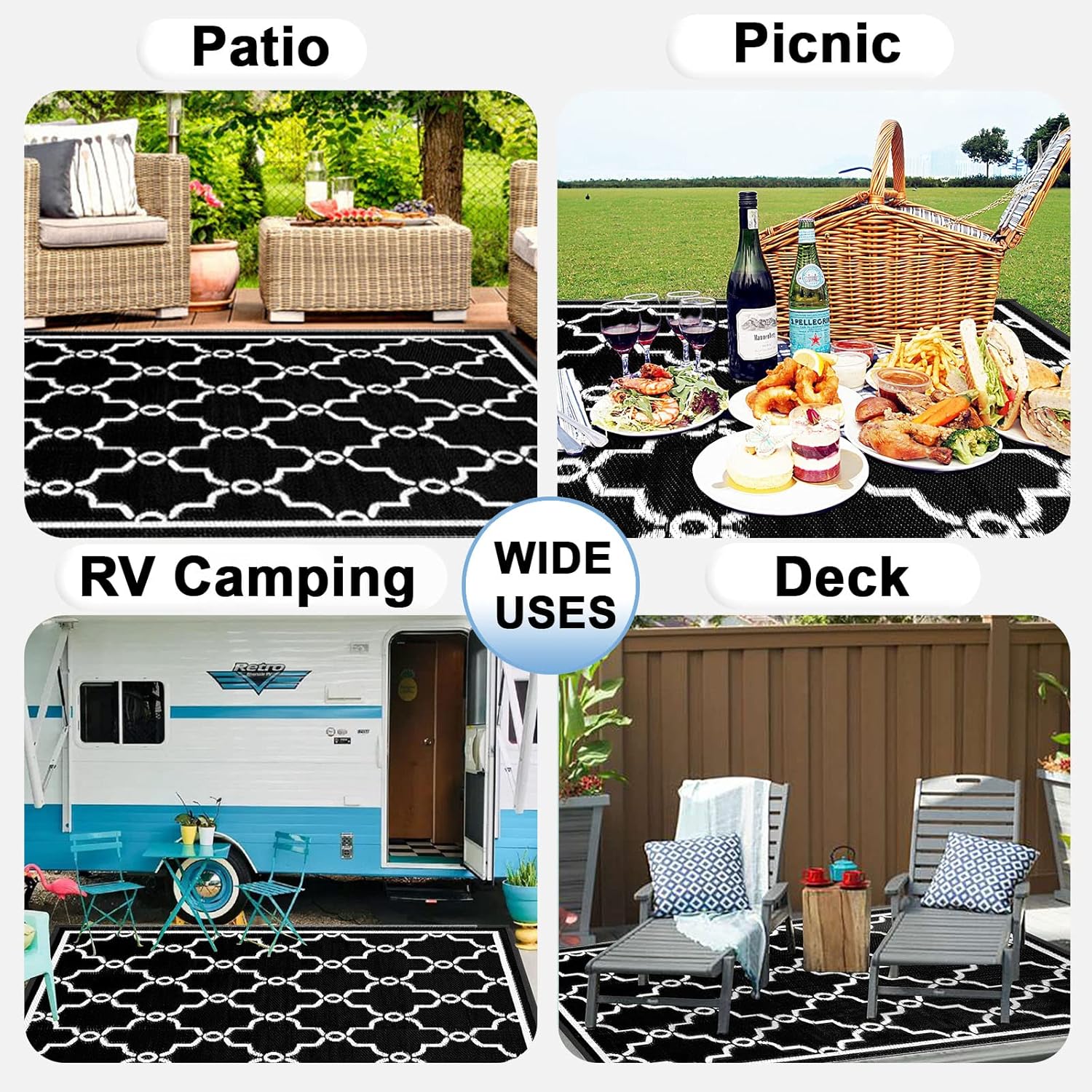 OutdoorLines Alfombra reversible para exteriores, 9 x 12 pies, alfombra de plástico exterior, resistente a manchas y a rayos UV, portátil, alfombra
