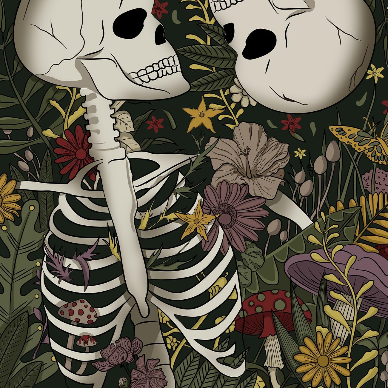 MAMHSABC Tapiz vintage de esqueleto, tapiz de calavera, tapiz de jardín, hongos, flores, plantas, tapiz de amor, tapiz colgante de pared para