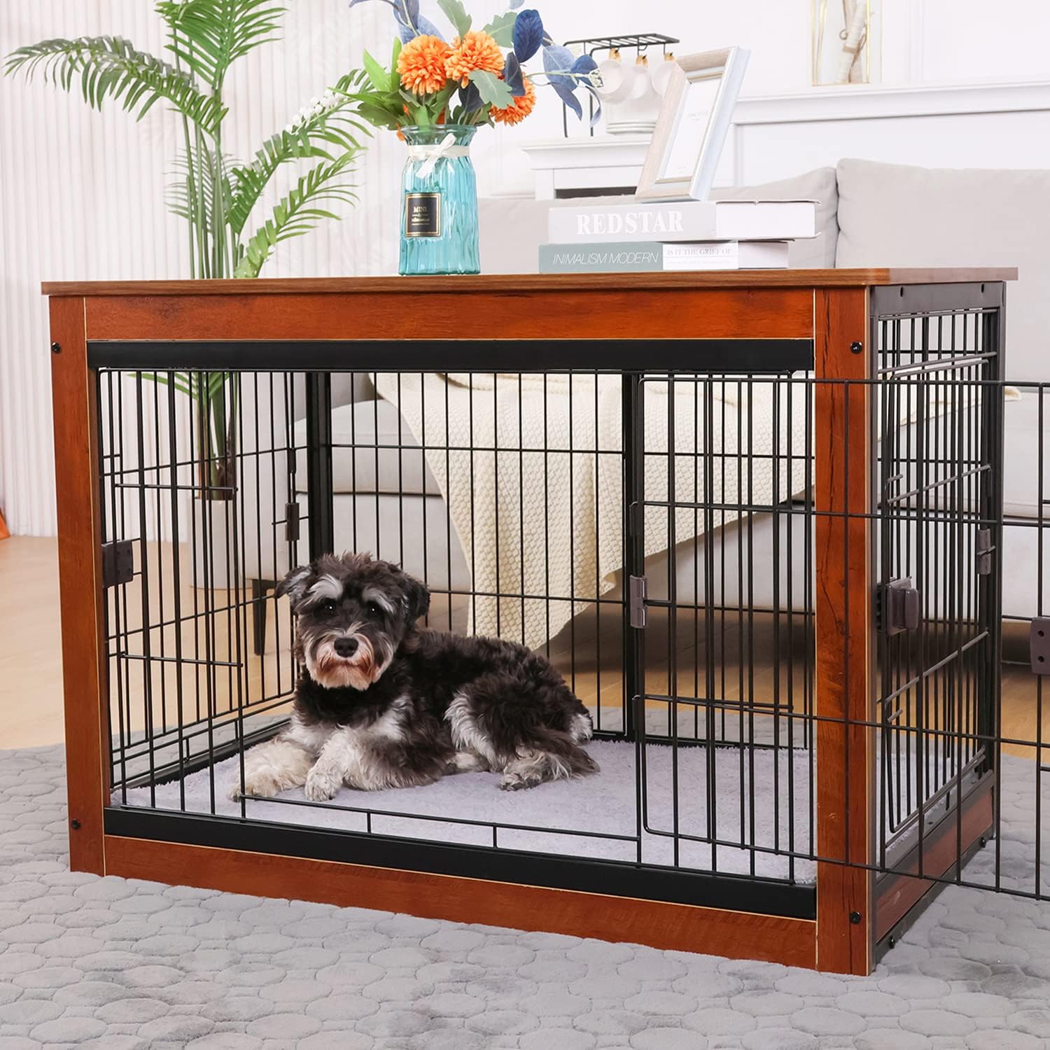 RYpetmia Muebles estilo jaula para perros para mascotas pequeñas y medianas, mesa de jaula de madera para perros, resistente y puertas de tres