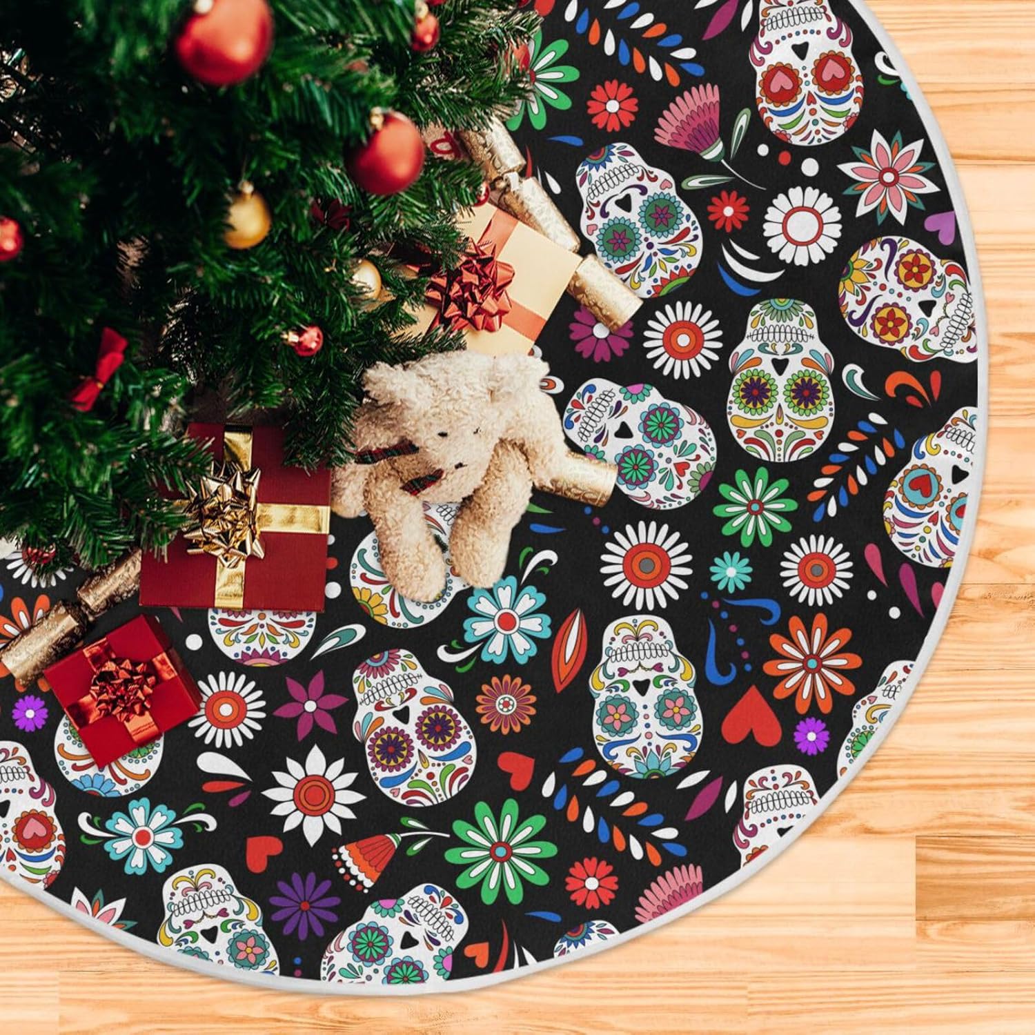 Ollabaky Falda de árbol de Halloween, Día de los Muertos, Halloween, calavera, árbol de Navidad, falda de árbol grande, almohadilla redonda para