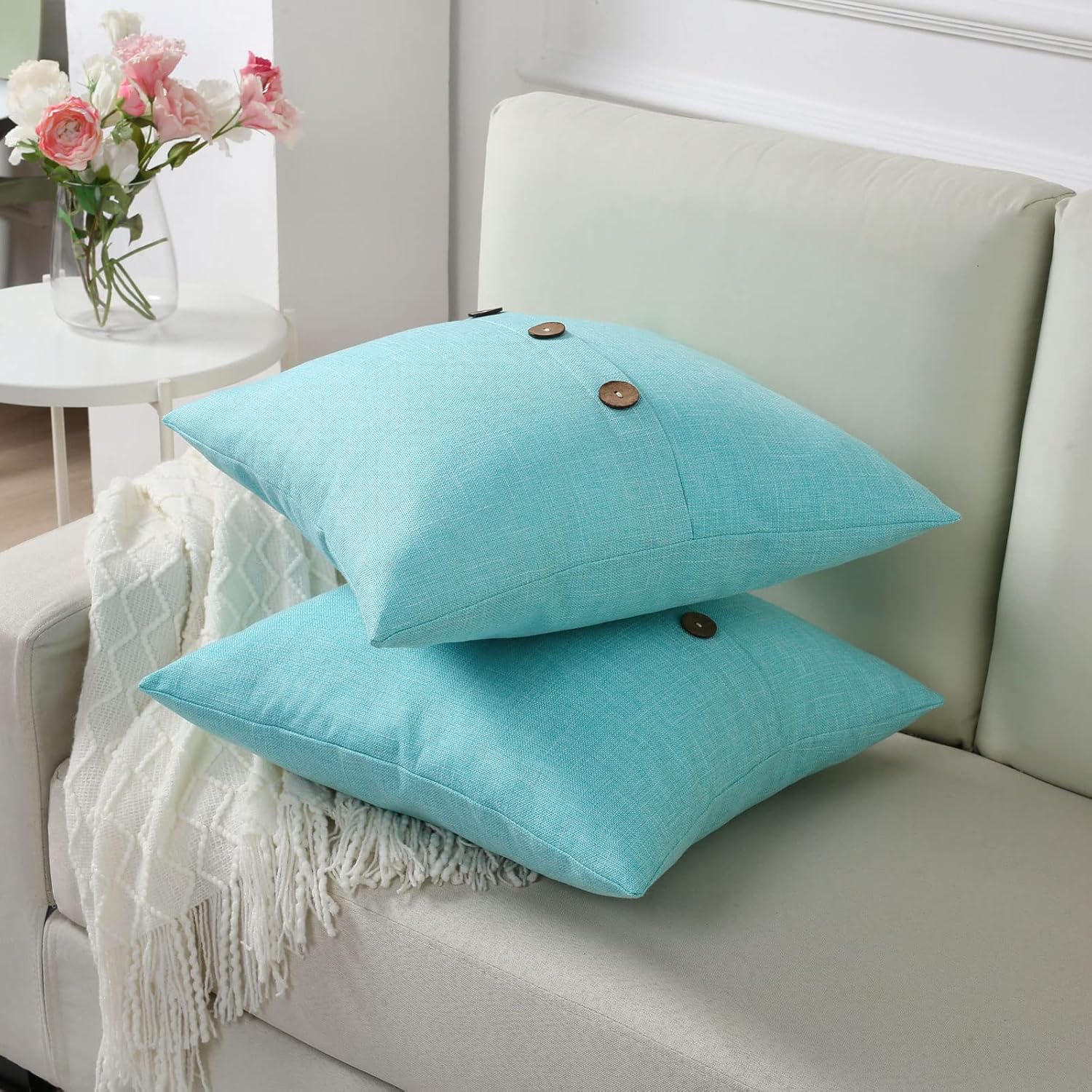 Juego de 2 fundas de almohada decorativas de lino turquesa de 16 x 16 pulgadas, fundas de cojín cuadradas con 3 botones vintage, decoración moderna