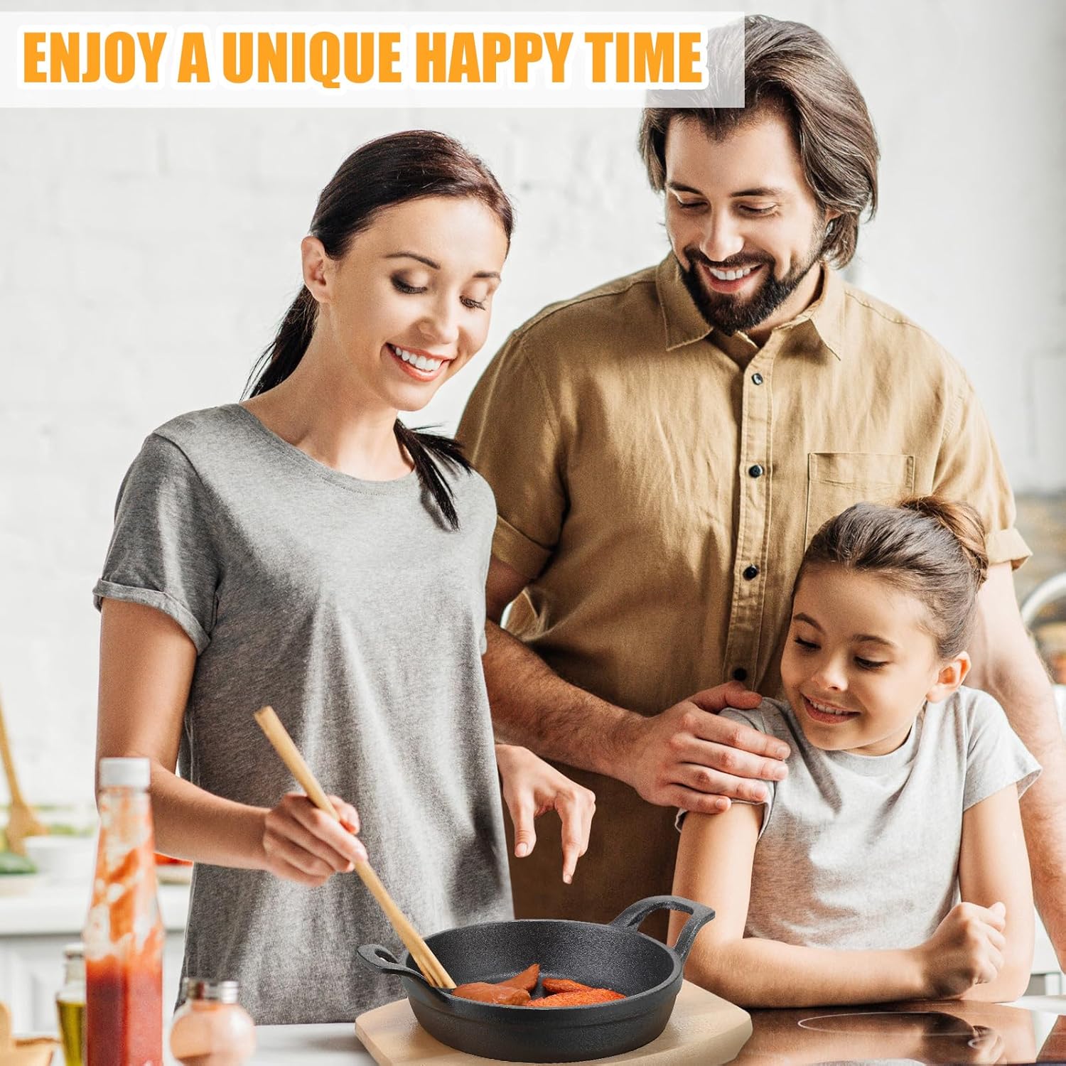 Sliner 4 juegos de mini sartén de hierro fundido, mini platos chisporroteadores con base de madera, sartén pequeña redonda de hierro fundido Fajita,
