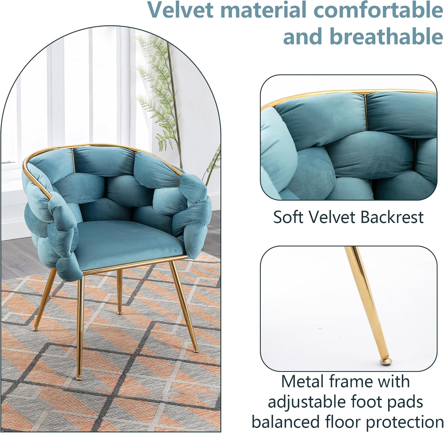 Gangnamri Silla decorativa moderna de terciopelo, silla de comedor con patas mentales doradas, sillón tejido de ocio para sala de estar, dormitorio,