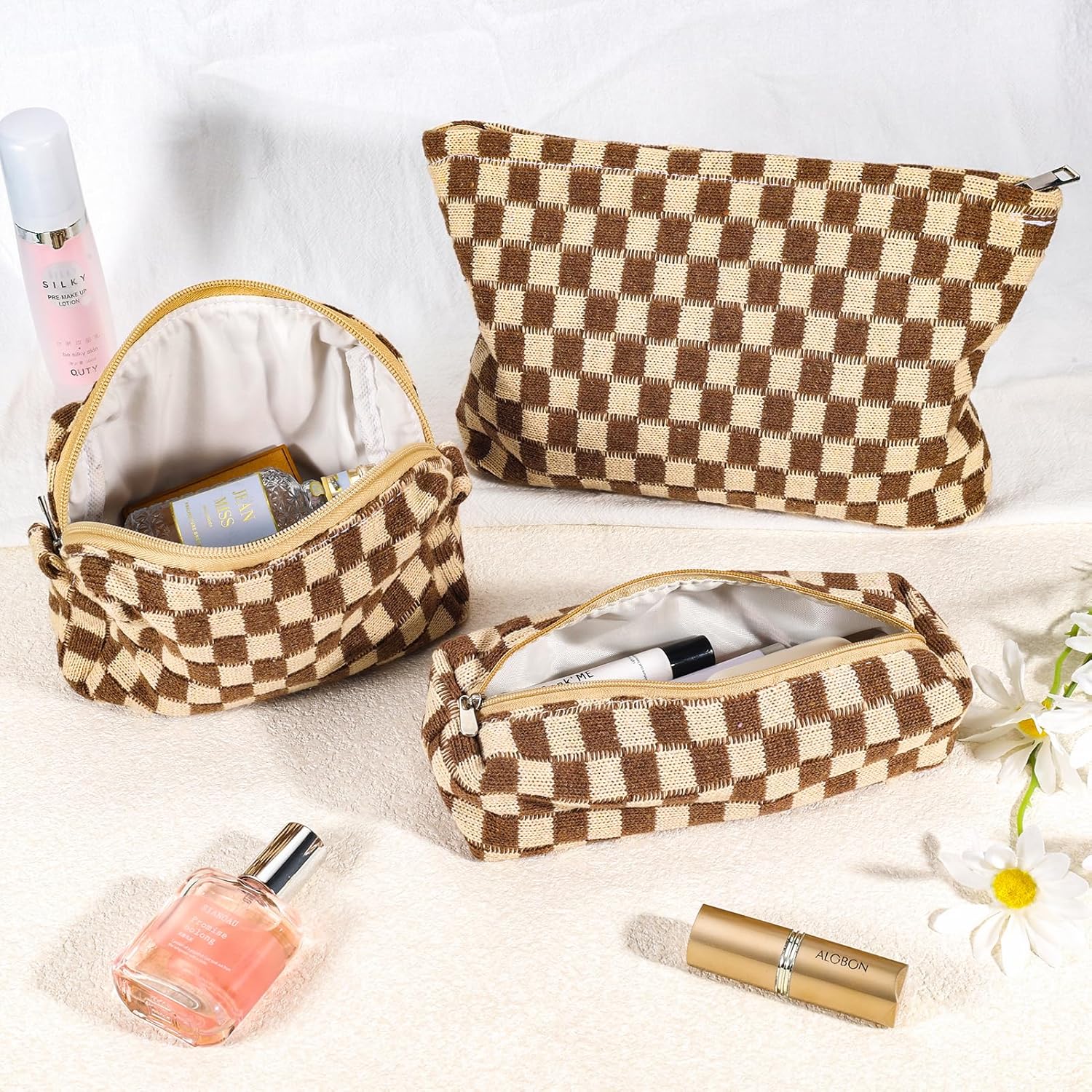 ZLFSRQ Bolsa de maquillaje a cuadros para mujer, juego de bolsa de cosméticos de gran capacidad, bolsa de maquillaje de viaje para bolso,