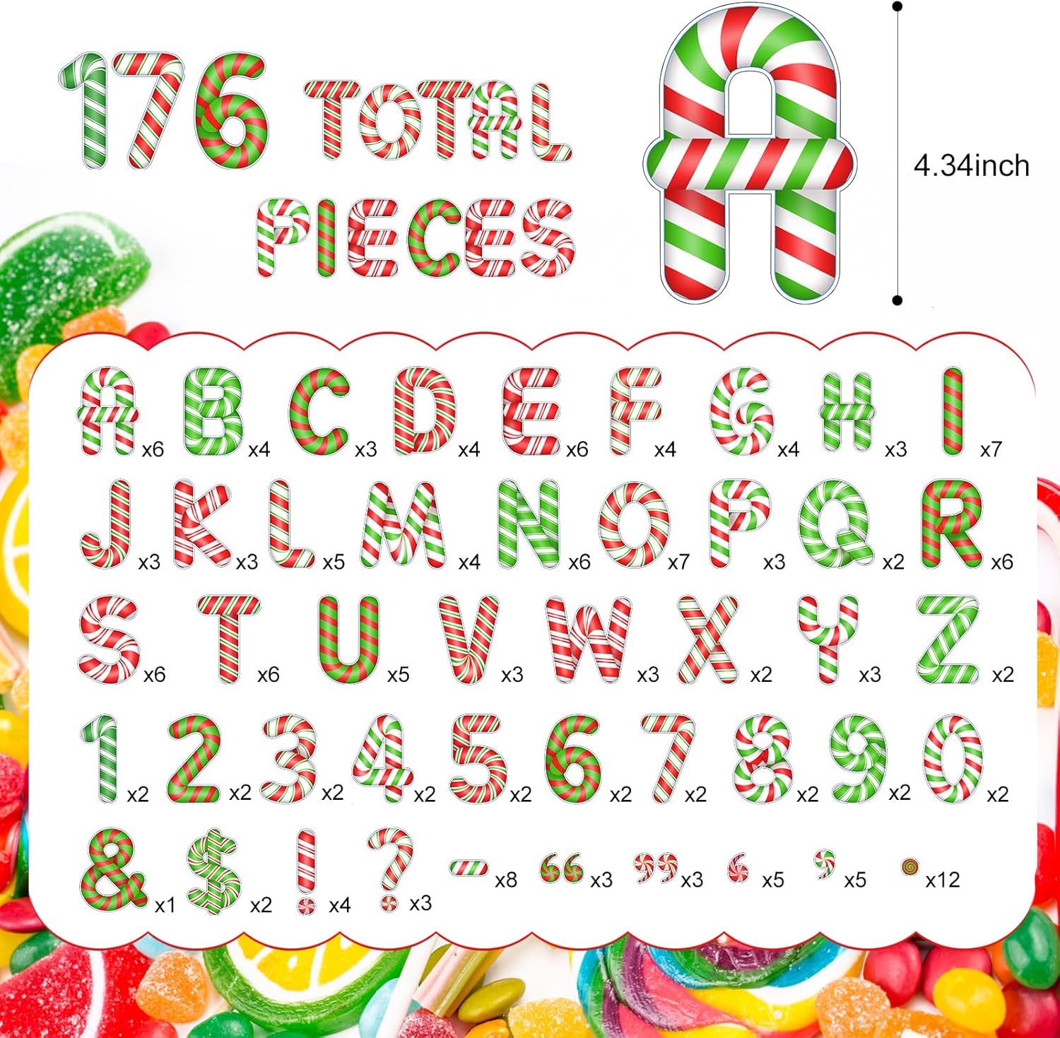 176 letras de bastón de caramelo, letras de tablón de anuncios de Navidad, cartón de 4.3 pulgadas, letras del alfabeto, números, símbolos para el