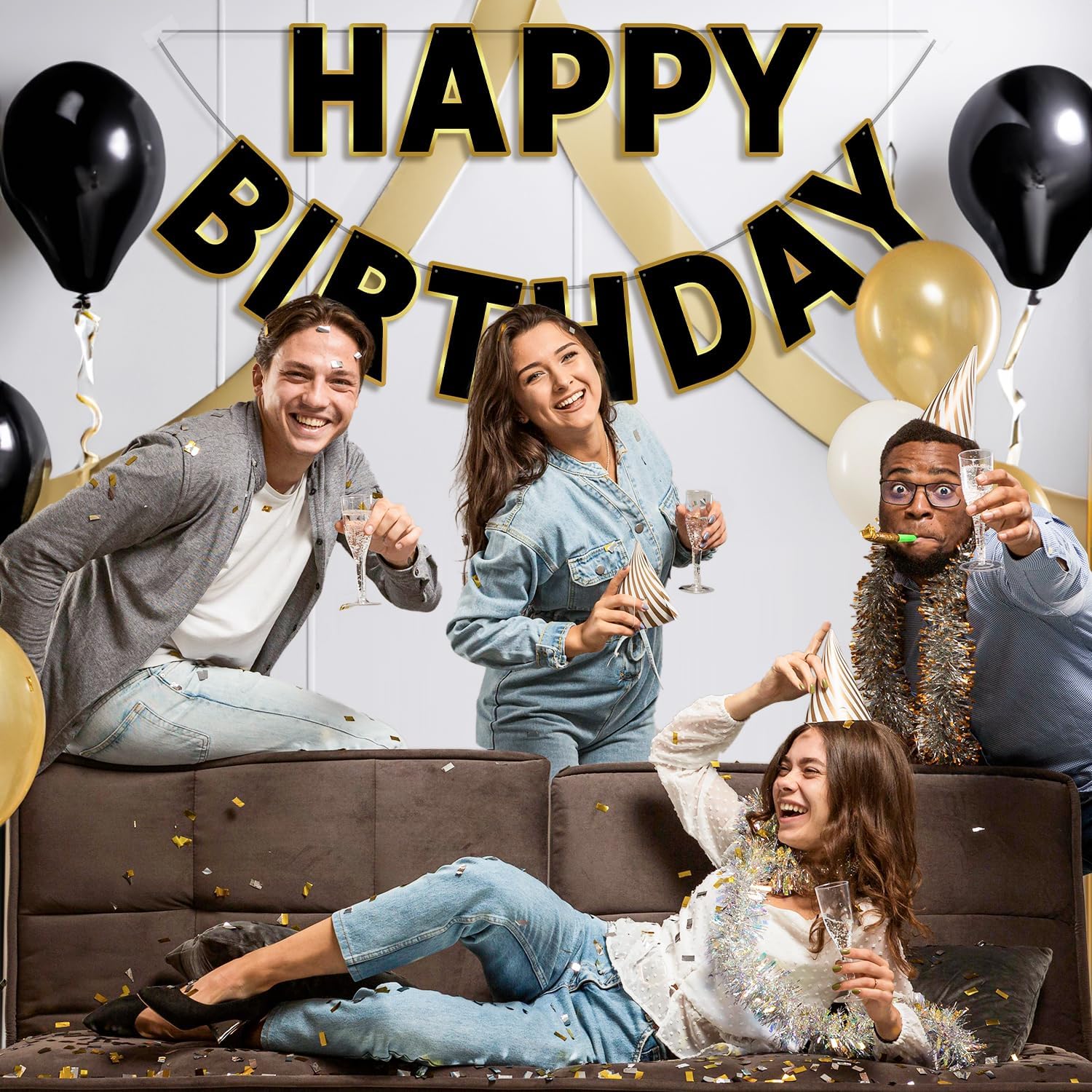 Cartel de feliz cumpleaños negro y dorado, preencordado, de 9 pies, sin bricolaje, decoraciones de cumpleaños, letrero de feliz cumpleaños para