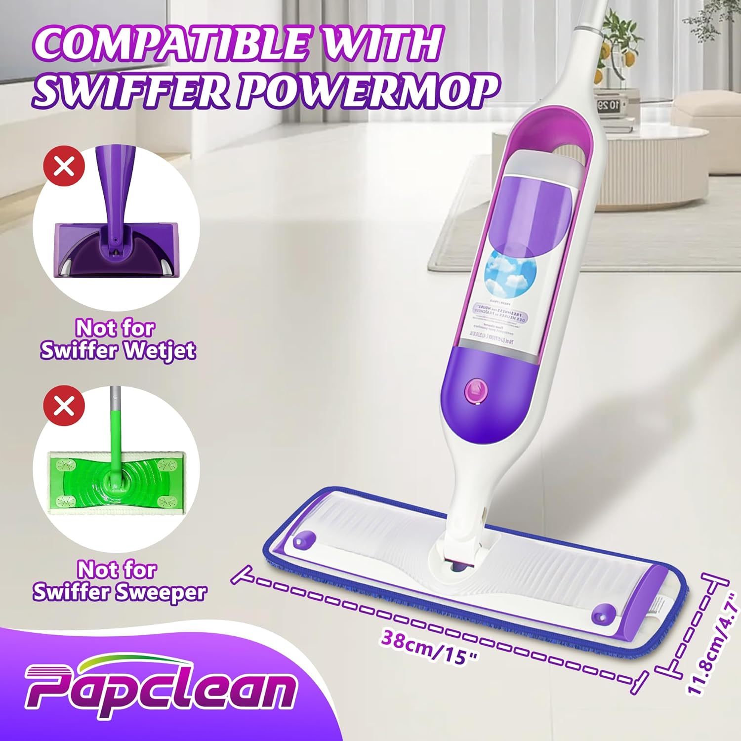 Almohadillas reutilizables para trapeador compatibles con Swiffer Powermop (paquete de 5), repuestos de almohadillas de microfibra Papclean para