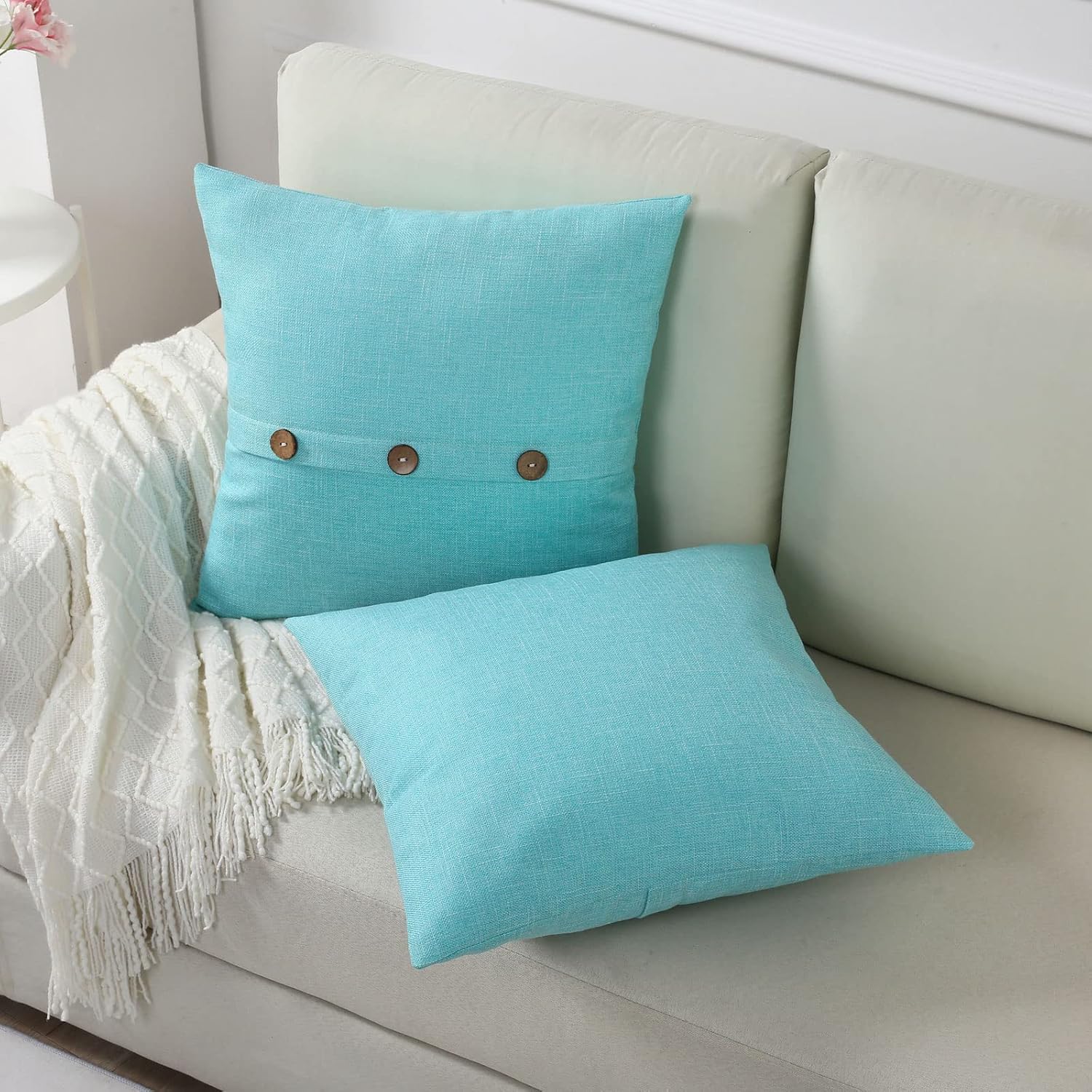 Juego de 2 fundas de almohada decorativas de lino turquesa de 16 x 16 pulgadas, fundas de cojín cuadradas con 3 botones vintage, decoración moderna