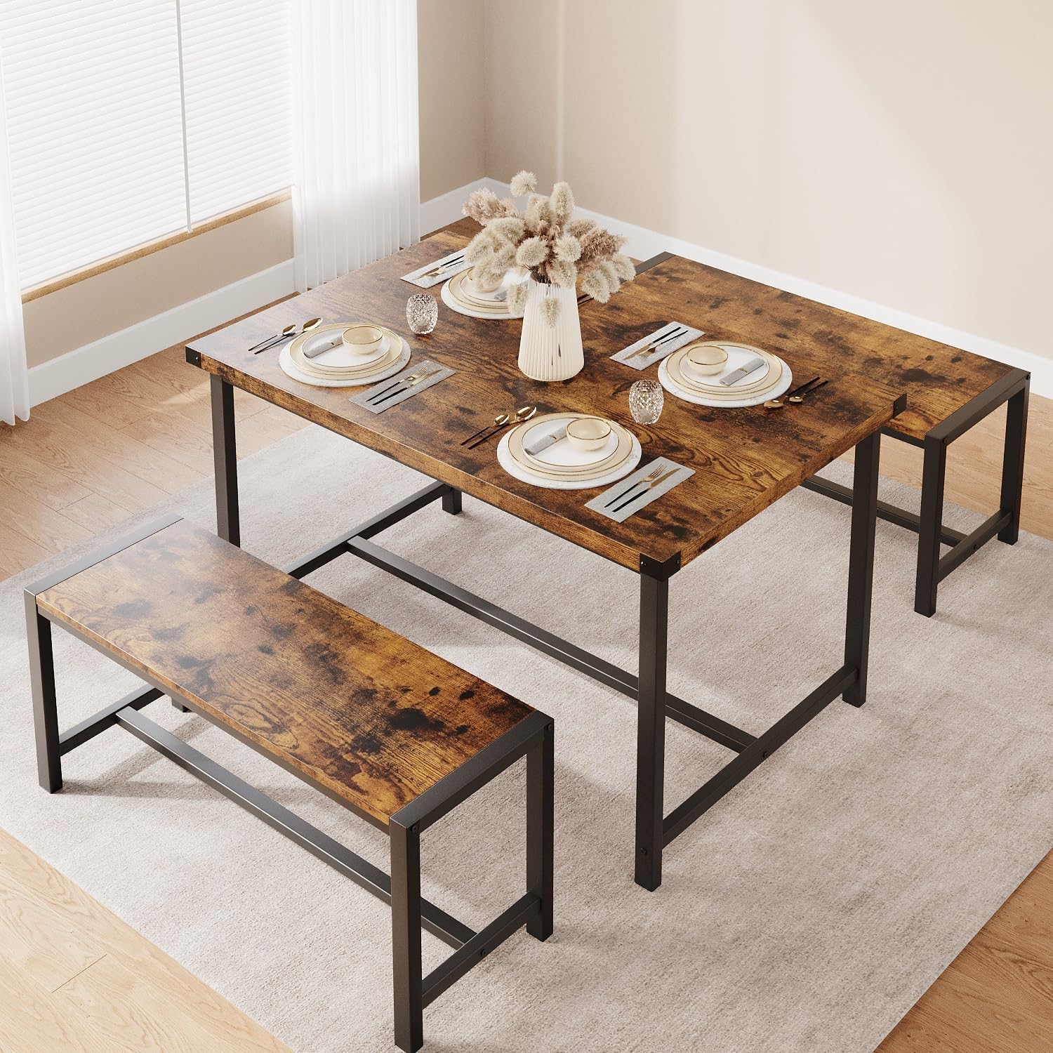 IDEALHOUSE Juego de mesa de comedor para 4, mesa de cocina con bancos, juego de mesa de comedor rectangular con 2 bancos de madera de metal, juego
