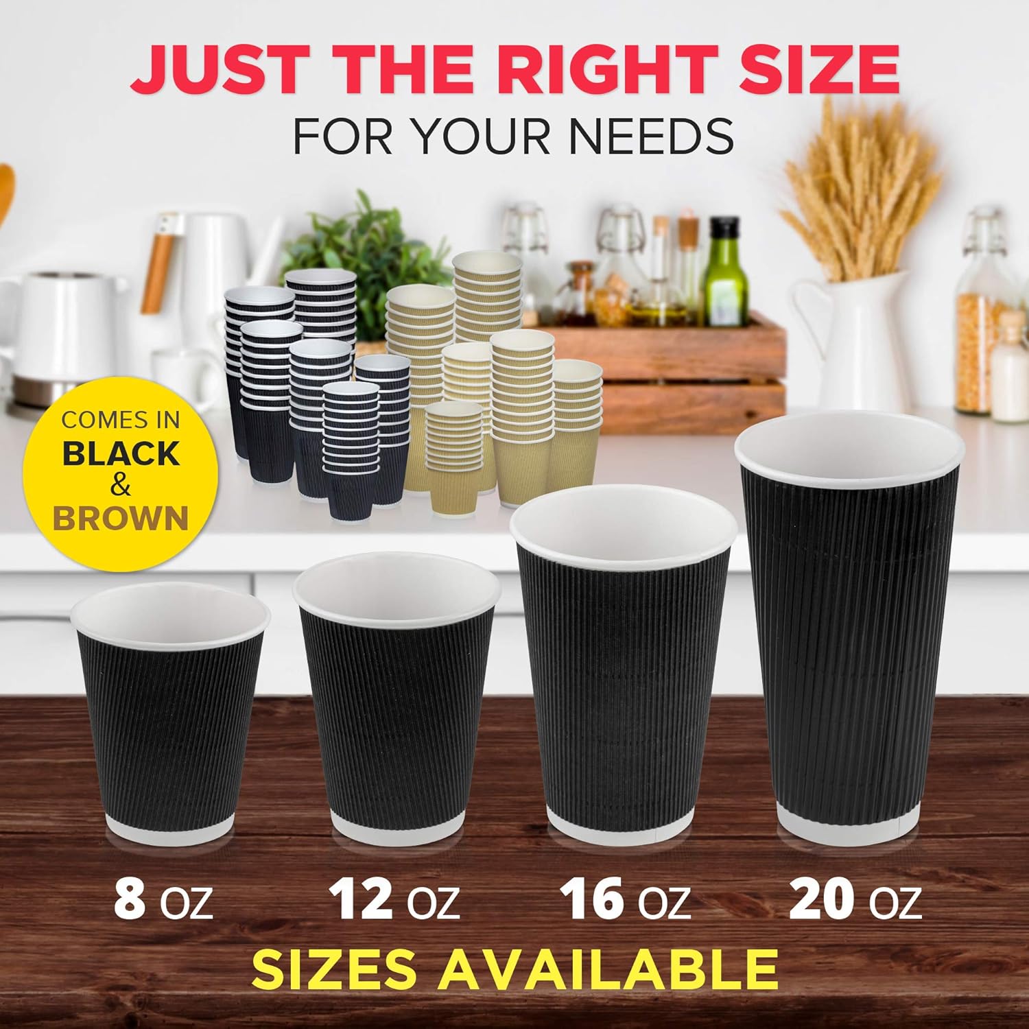 Fit Meal Prep Paquete de 50 tazas calientes desechables  12 onzas negras con aislamiento de doble pared con mangas onduladas para llevar, bebidas