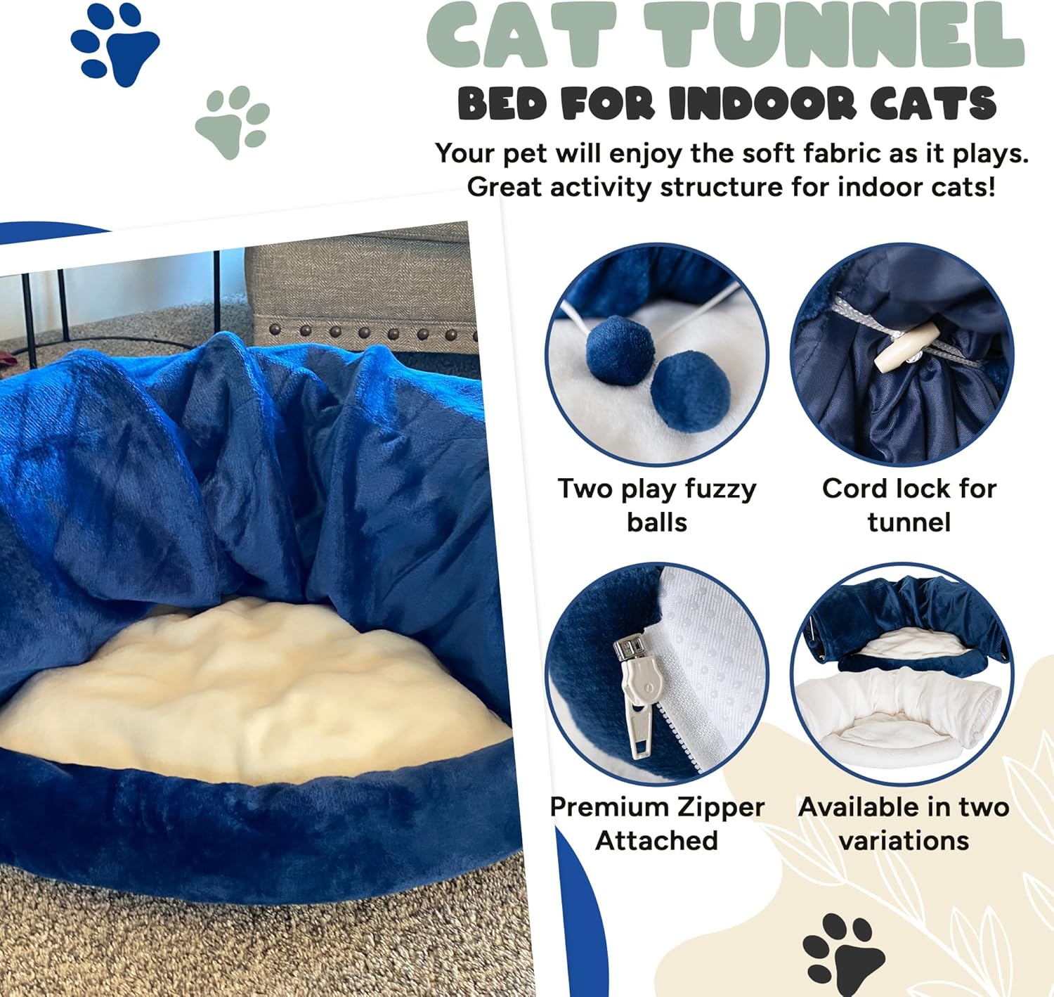Juego de túnel y cama de juguete para gatos con cama de felpa extraíble para uso en interiores perfecto para gatos, perros y hurones juguetes para