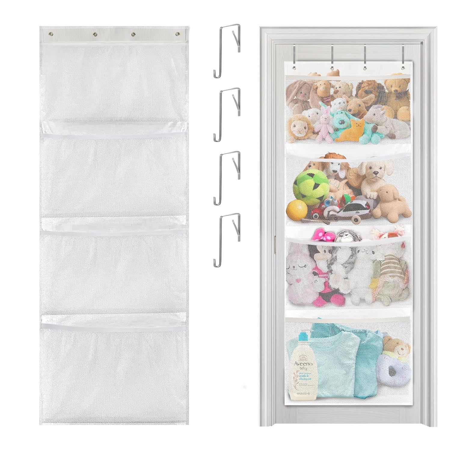 Almacenamiento de animales de peluche, organizador sobre la puerta para almacenamiento de juguetes de peluche, suministros para bebés y otros