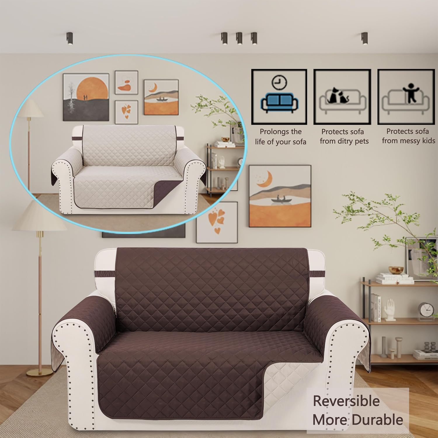 Fundas reversibles para sofá biplaza, protector de muebles (sofá biplaza pequeño, chocolatebeige)