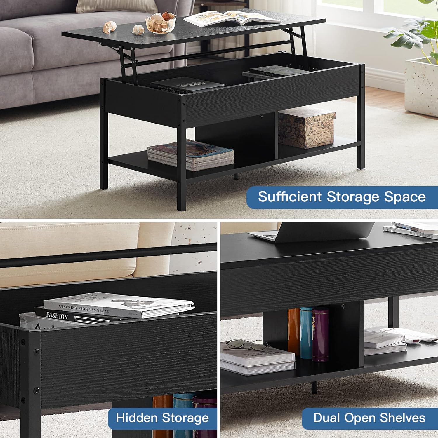 Vibe & Dine Mesa de centro elevable con compartimento oculto y estante de almacenamiento, mesa central de madera para sala de estar, oficina, sala