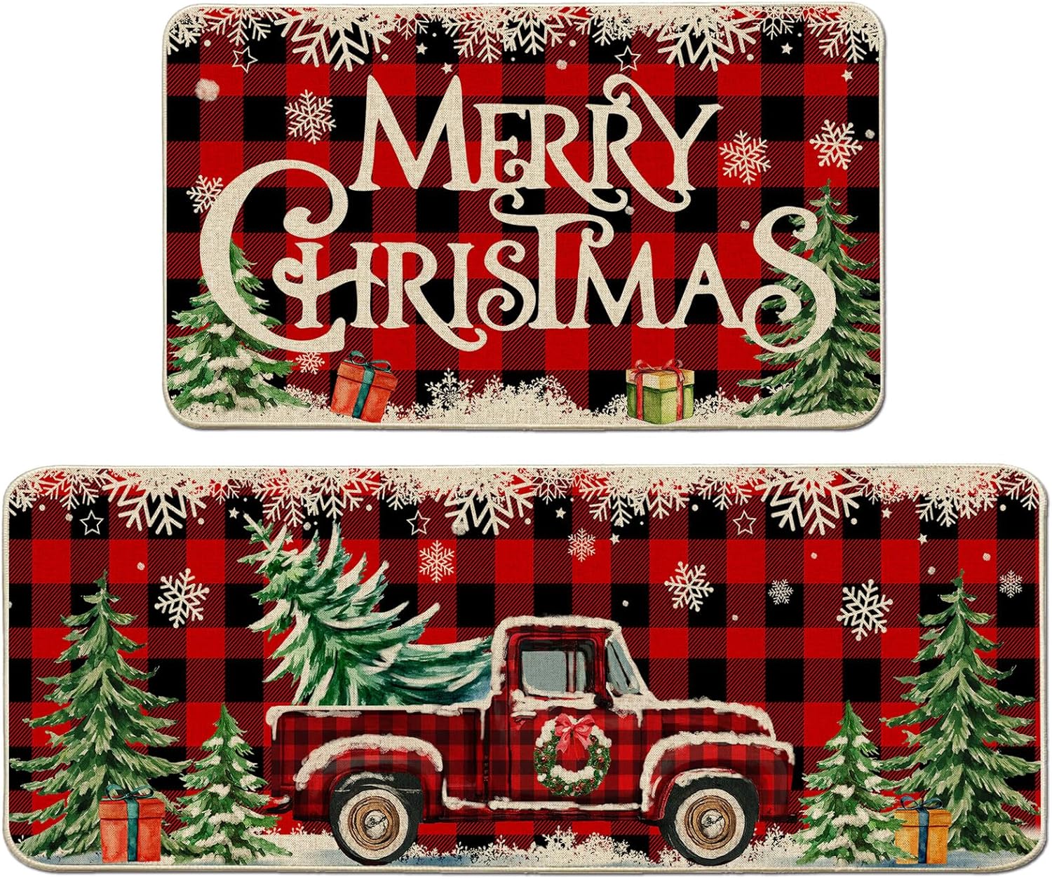 Juego de 2 tapetes de cocina de Navidad para piso, juego de 2 alfombras de cocina de Navidad, diseño de camión de granja, diseño de búfalo rojo,