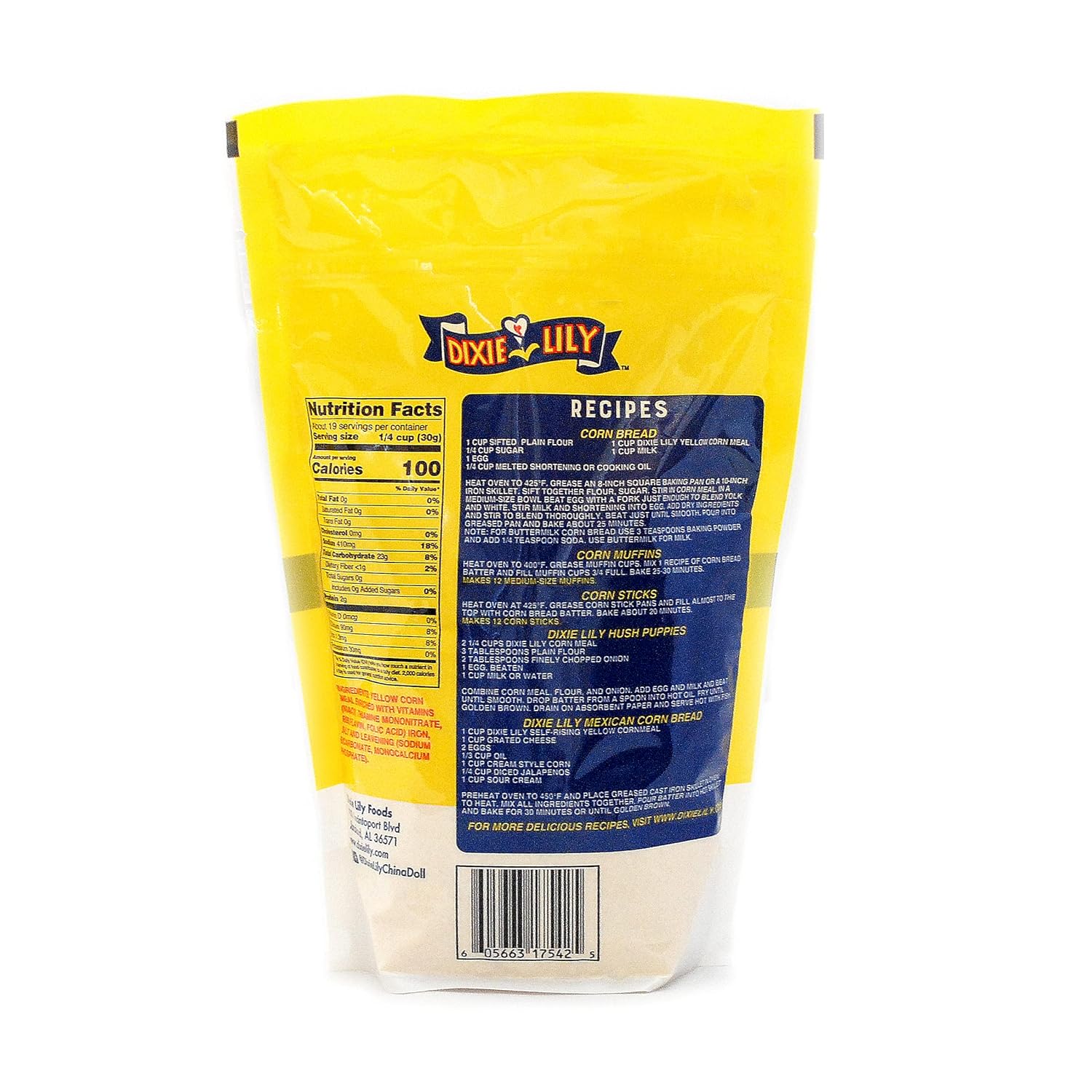 Dixie Lily – Harina de maíz amarillo autoelevable, bolsas resellables de 3 a 20 onzas con una tarjeta de recetas JFS