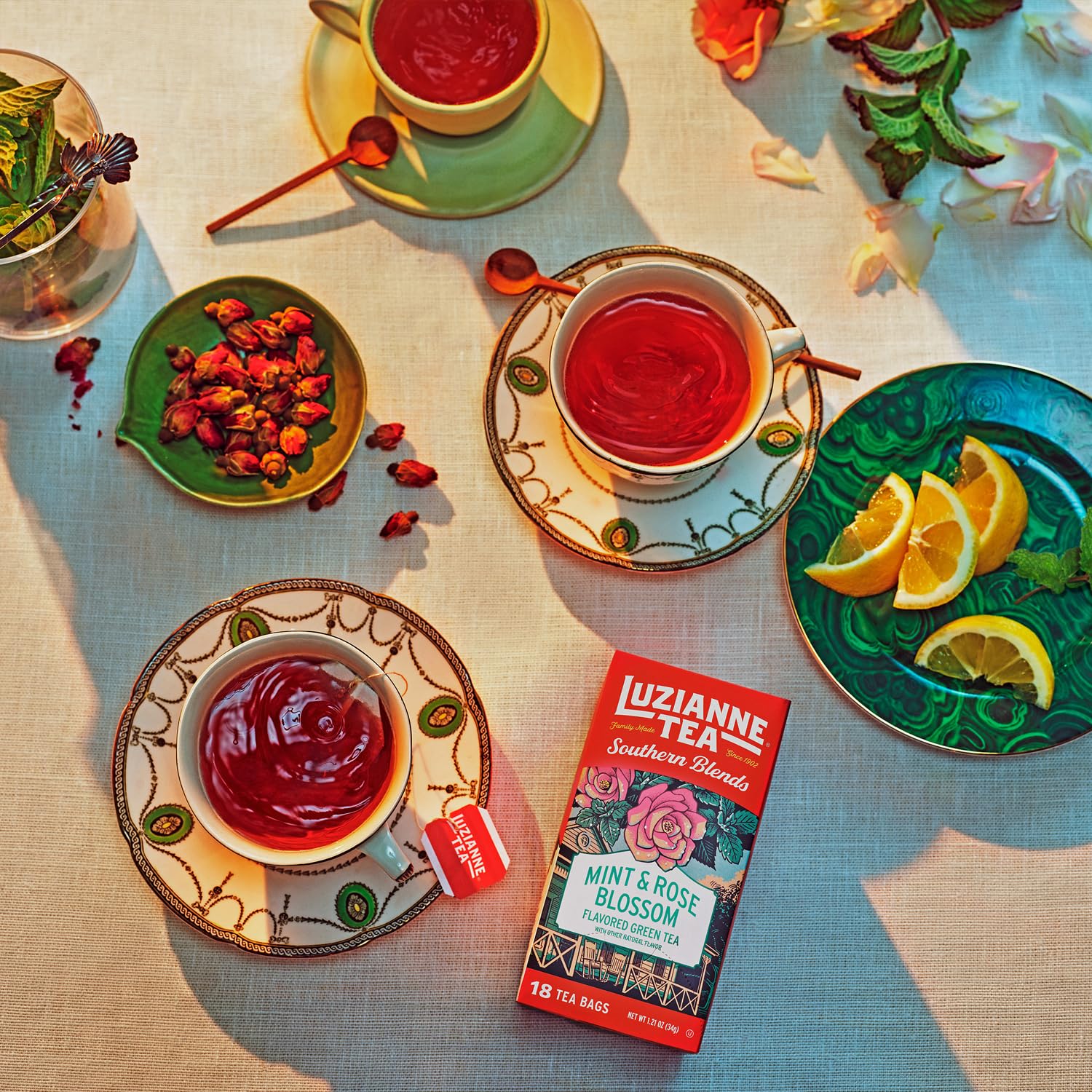Luzianne Southern Blends – Bolsas de té verde con sabor a menta y flor de rosa, 18 unidades (paquete de 6)