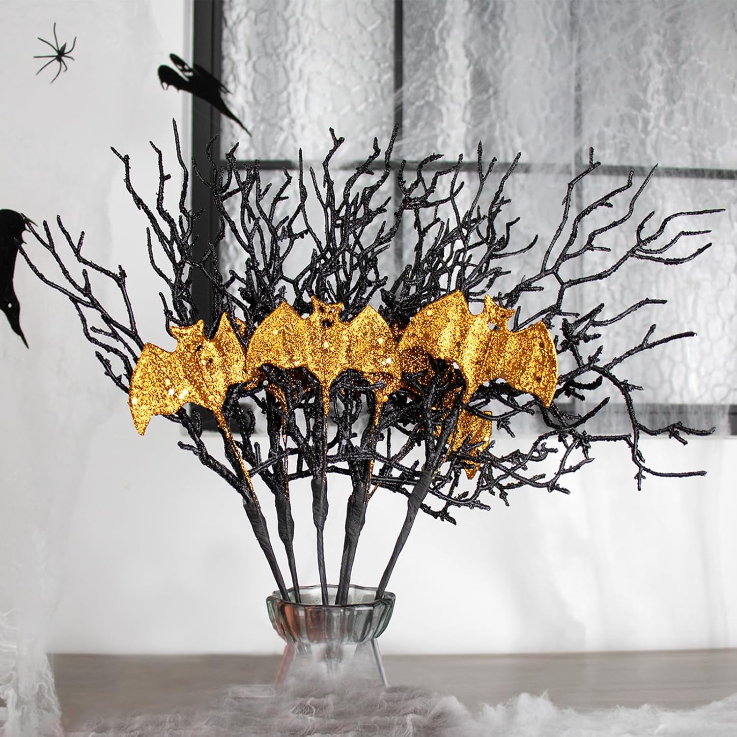 Yawwind Artificial Halloween Picks 17inch Balck Halloween Branches for Vase Gilitter Halloween Stems with Glitter Golden Bat for Table Centerpiece