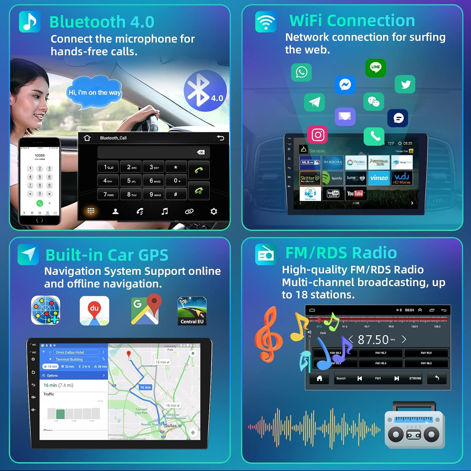 Podofo 2G+64G Doble Din Android 13 Estéreo de coche con Carplay inalámbrico Android Auto 9 “Pantalla táctil Radio de coche con WiFi Bluetooth