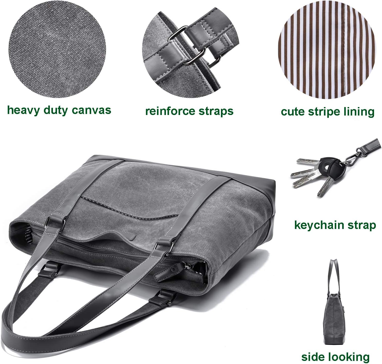 Bolsa de trabajo de lona para laptop para mujer con bolsillos de compartimento para computadora de 15.6 pulgadas, L