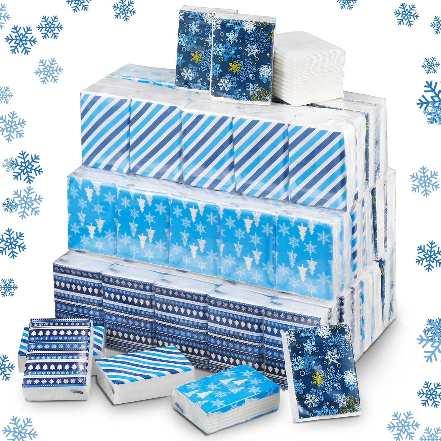 Paquete de 120 pañuelos de viaje de Navidad a granel, pañuelos de bolsillo de copo de nieve azul, paquetes de pañuelos faciales de 3 capas, paquetes