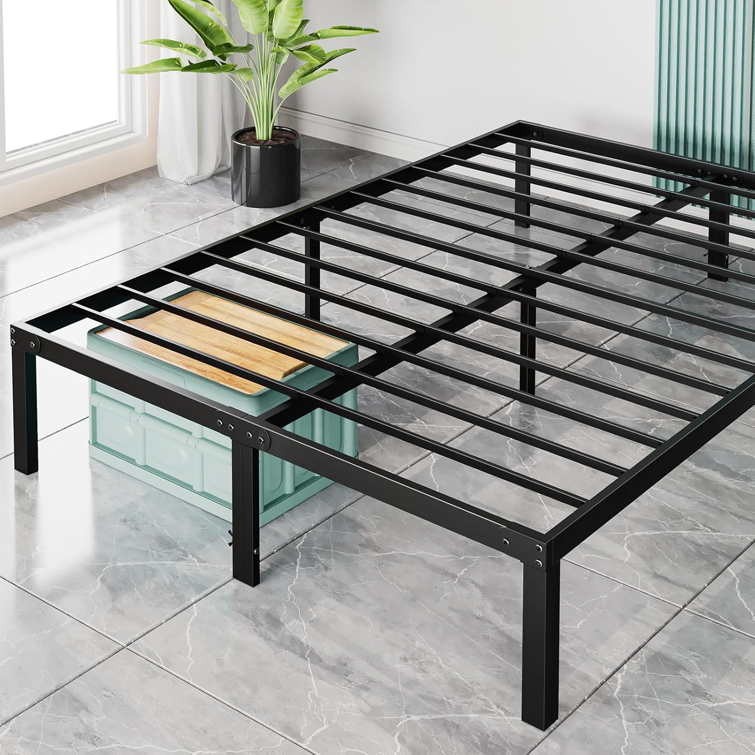 Sweetcrispy Marco de cama Queen  Marco de cama de plataforma de metal tamaño Queen con espacio de almacenamiento debajo del marco, resistente, 14