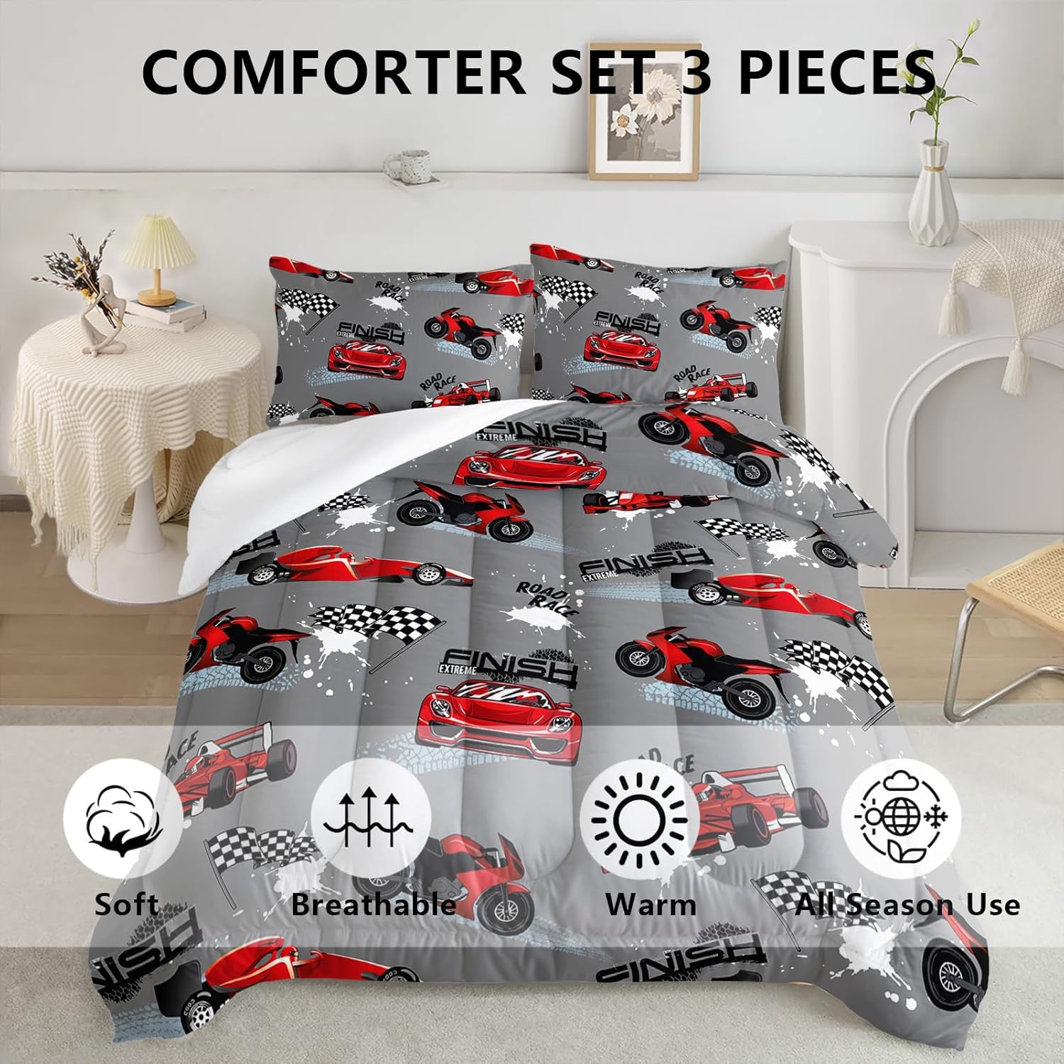 Axolotl Juego de edredón para niños, tamaño Queen, juego de ropa de cama de autos de carreras para niños, niñas, adolescentes, regalos de carreras
