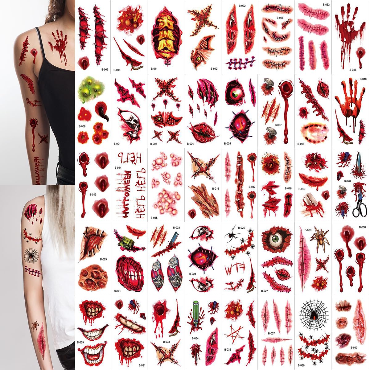 40 calcomanías de tatuaje de Halloween para heridas sangrientas, cicatriz, costra de cara, tatuajes falsos para niños, mujeres, hombres, zombies,