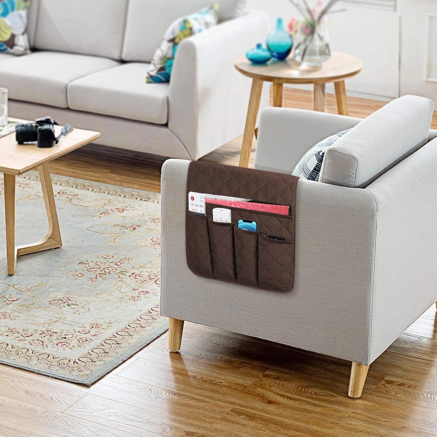FYY Organizador de reposabrazos para sofá, soporte de control remoto, antideslizante, color marrón, para sillón reclinable con 5 bolsillos para