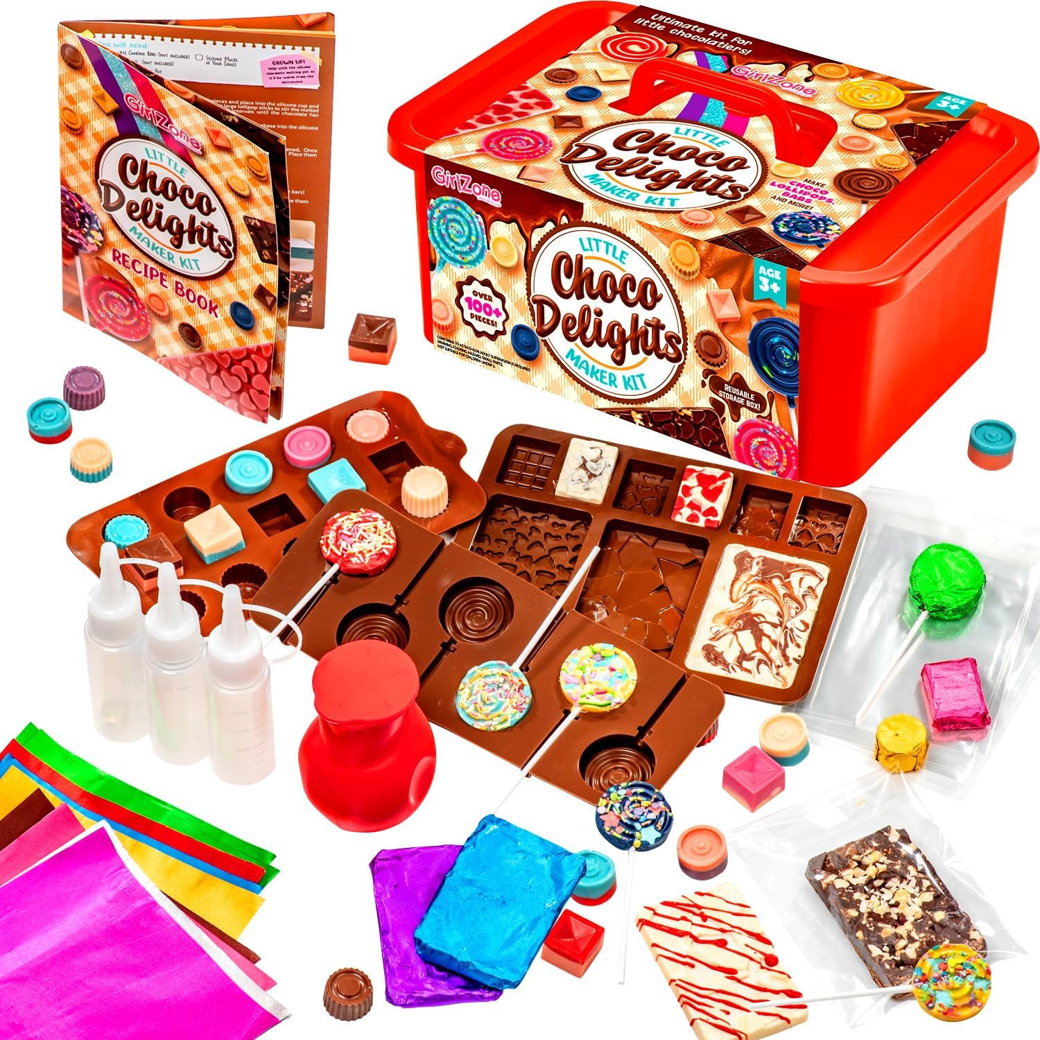 GirlZone Little Choco Delights – Kit de fabricación de chocolate con moldes de barra de caramelo, palitos de Lolly, envoltorios para barra de