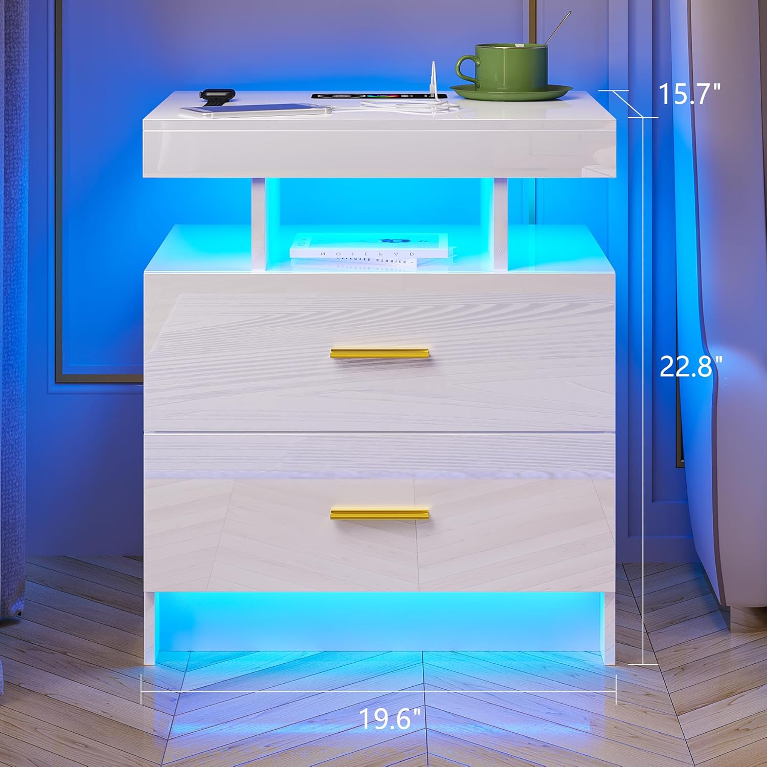 HNEBC Mesita de noche LED, RGB blanco con estación de carga USBinalámbrica, moderna mesita de noche con sensor automático de luces RGB, mesa