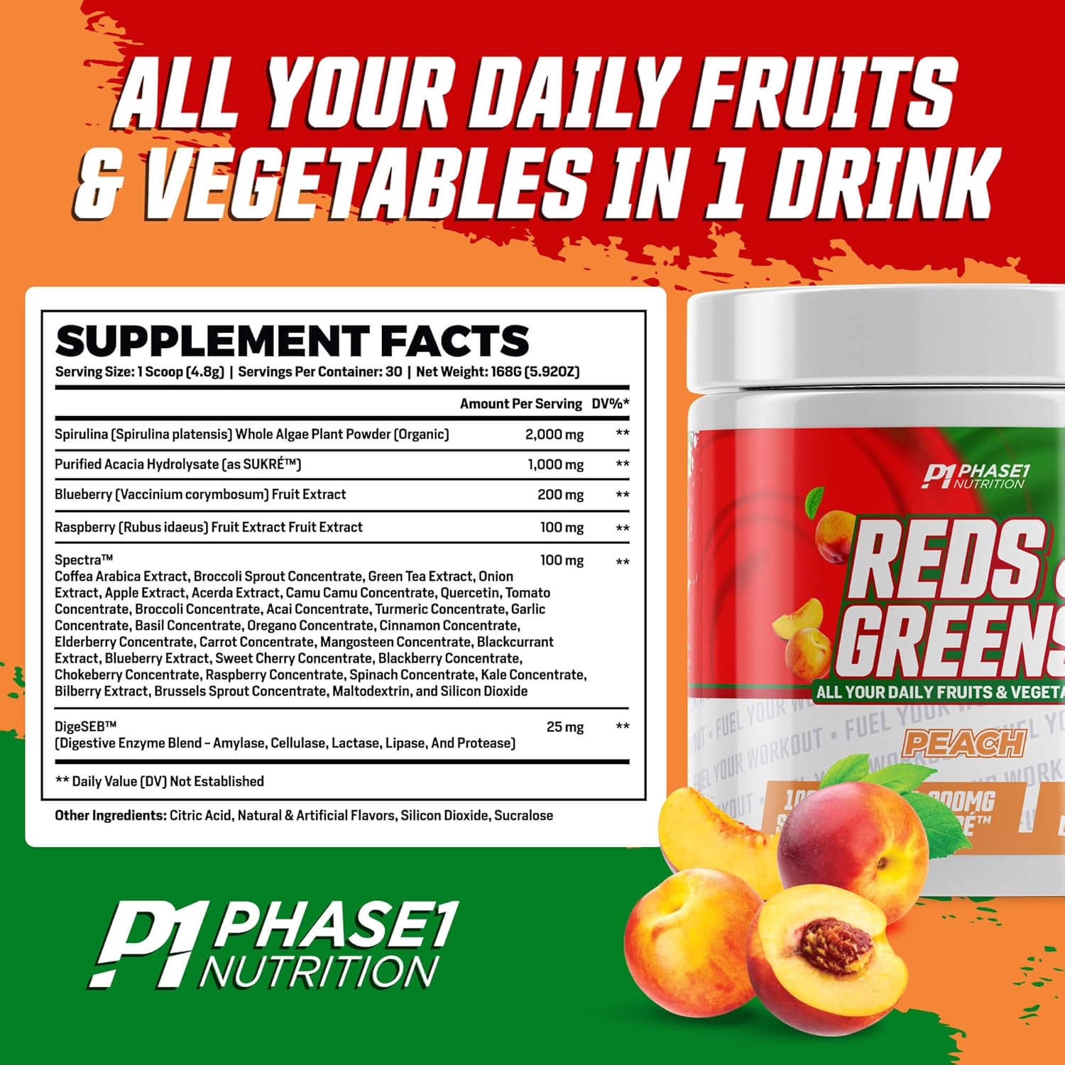 Reds and Greens Superfood Essentials with PhytoServ – Peach – Todo natural, antioxidantes, espirulina, hongos suplemento saludable para la
