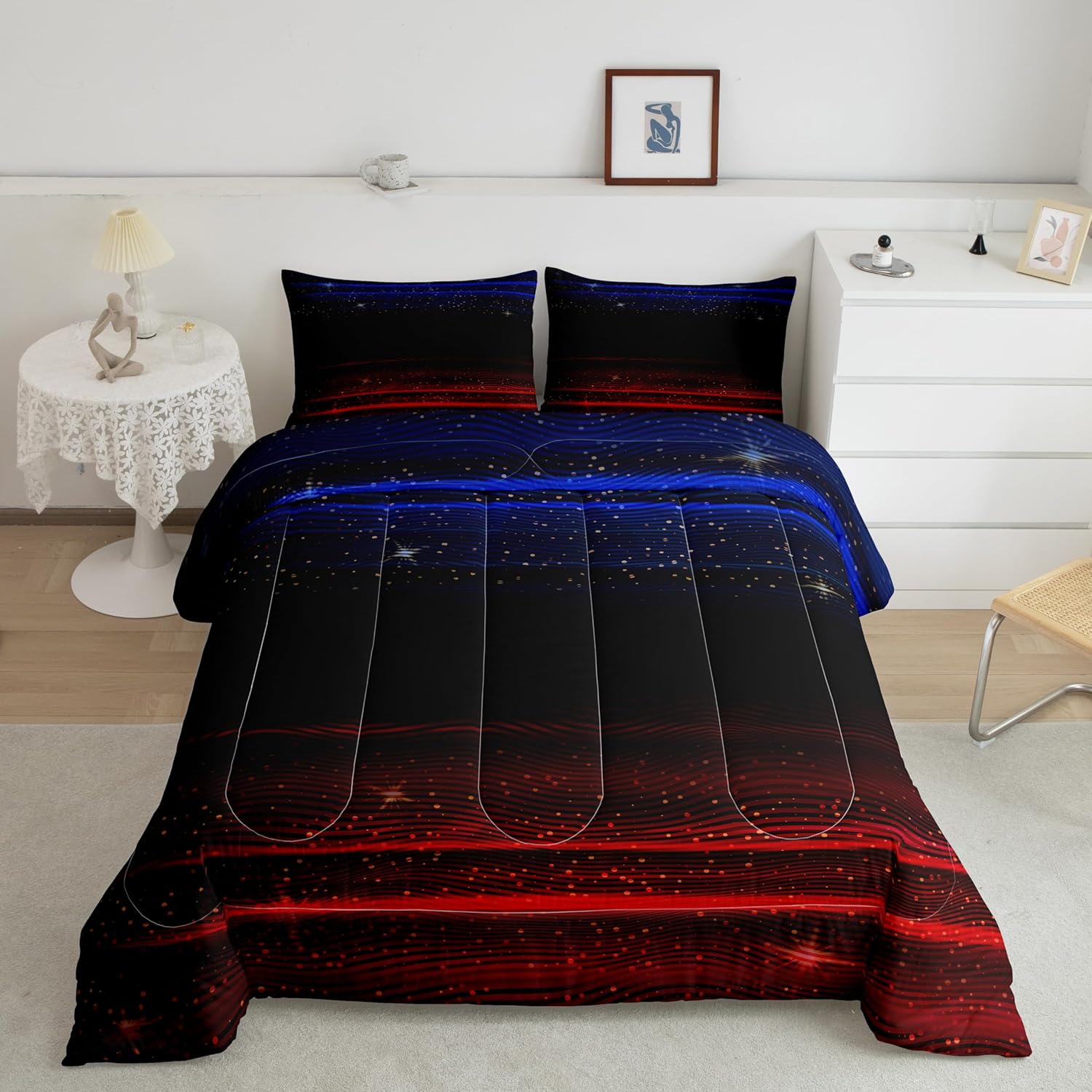 Juego de edredón degradado, juego de ropa de cama con degradado azul, rojo y negro, tamaño King, edredón de plumón con estrellas y cielo estrellado,