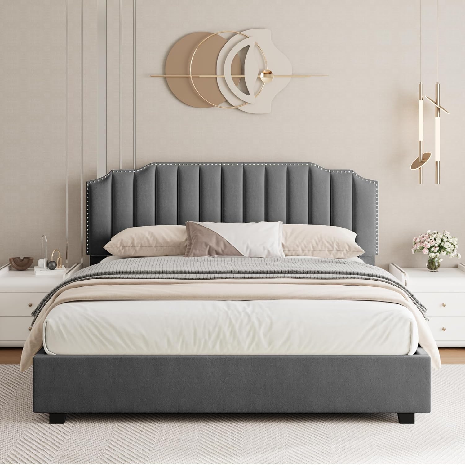 Harper & Bright Designs Cama de plataforma Queen con almacenamiento elevable, marco de cama de almacenamiento tapizado de terciopelo con cabecera y