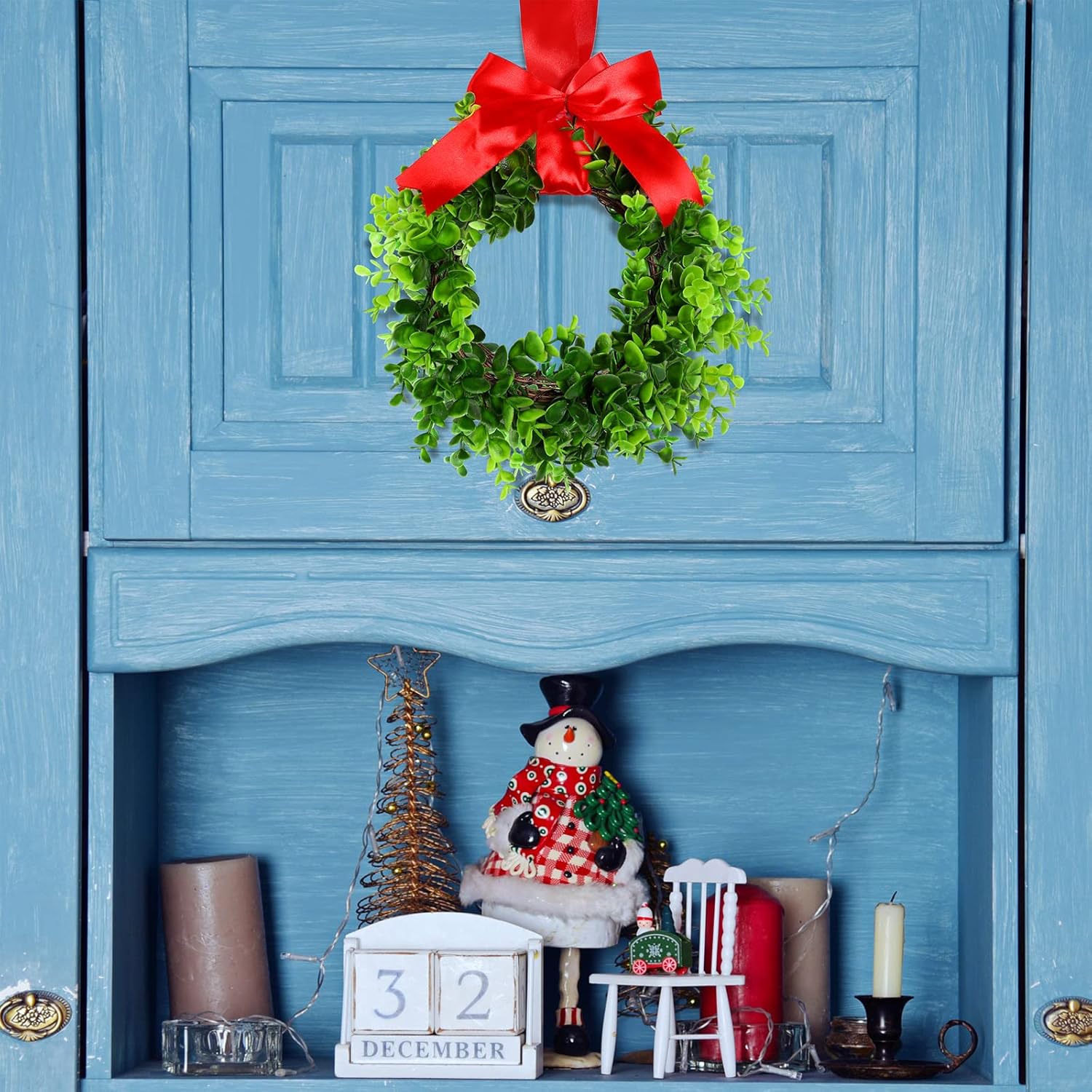 Coronas de Navidad con cinta para armarios de cocina, ventanas, puertas, paredes, juego de 6 pequeñas decoraciones de vegetación artificial