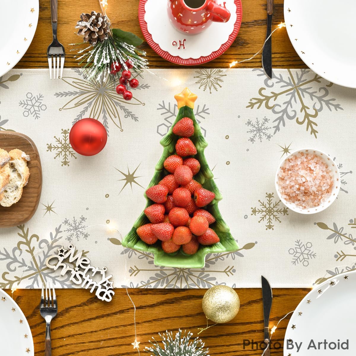 Artoid Mode Camino de mesa de invierno con copos de nieve beige Let It Snow, decoración de mesa de comedor de cocina de Navidad para decoración de