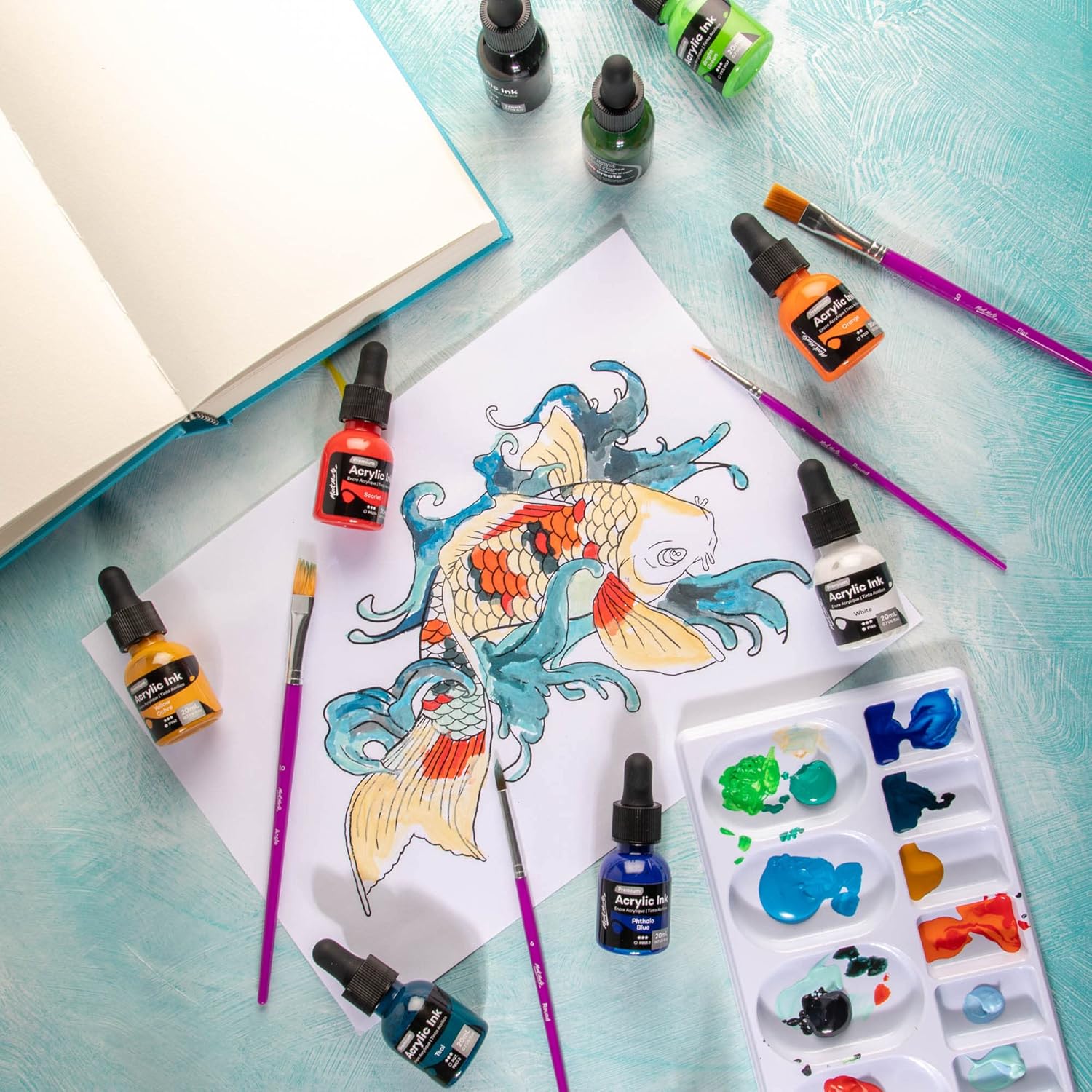 Mont Marte Tinta acrílica de alta calidad, 12 unidades x 0.7 fl oz (0.7 onzas líquidas), tintas acrílicas para artistas, colores esenciales, ideal